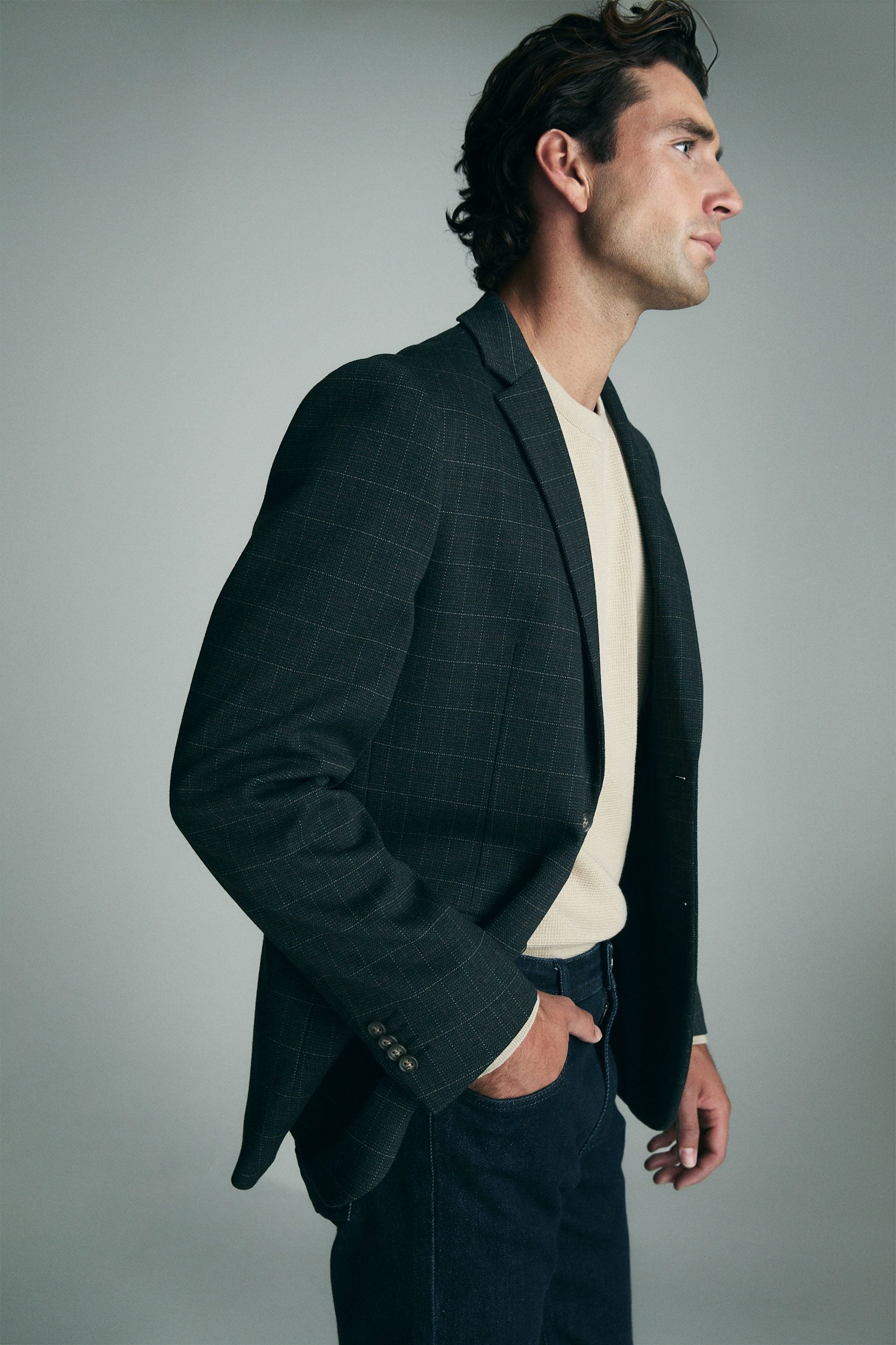 Check fitted knit blazer