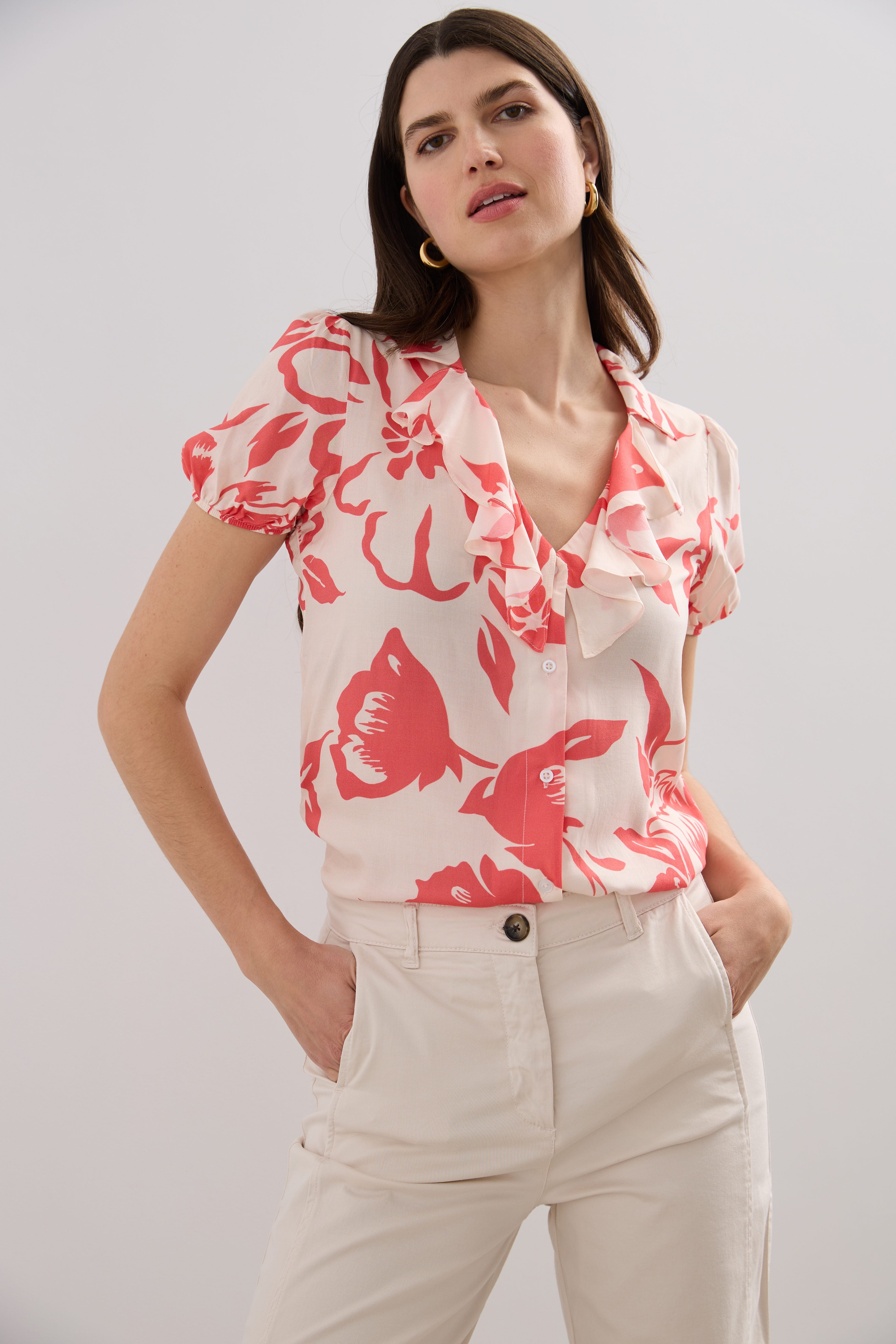Print short sleeve blouse with frill