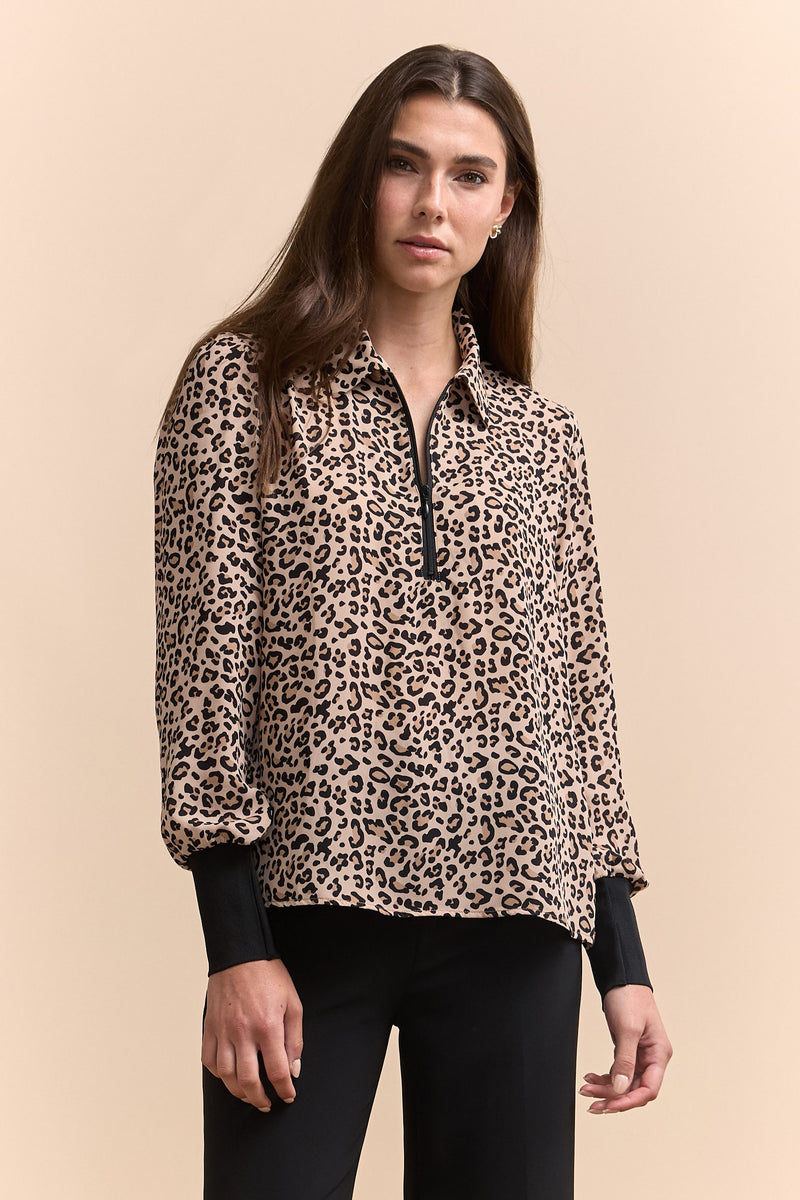 Leopard printed blouse with zipper