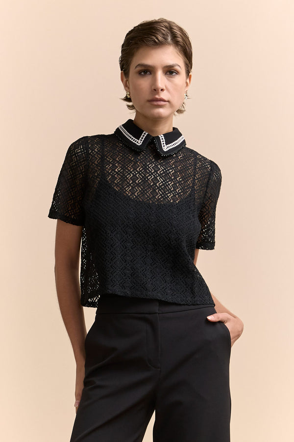 Lace blouse with embellished collar