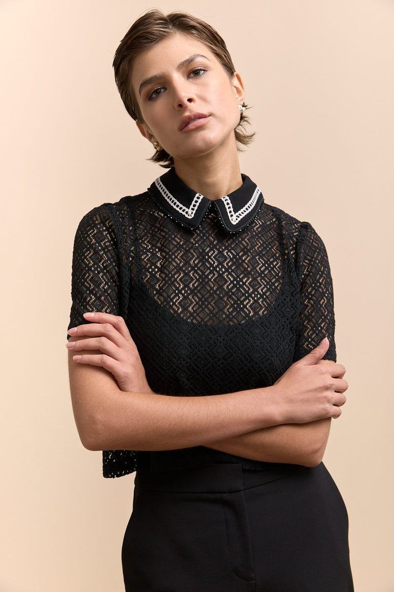 Lace blouse with embellished collar