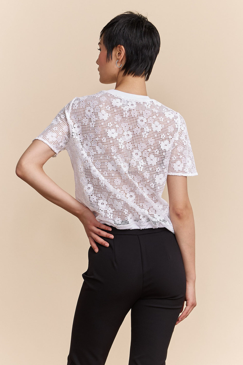 Lace boxy top with drawstring