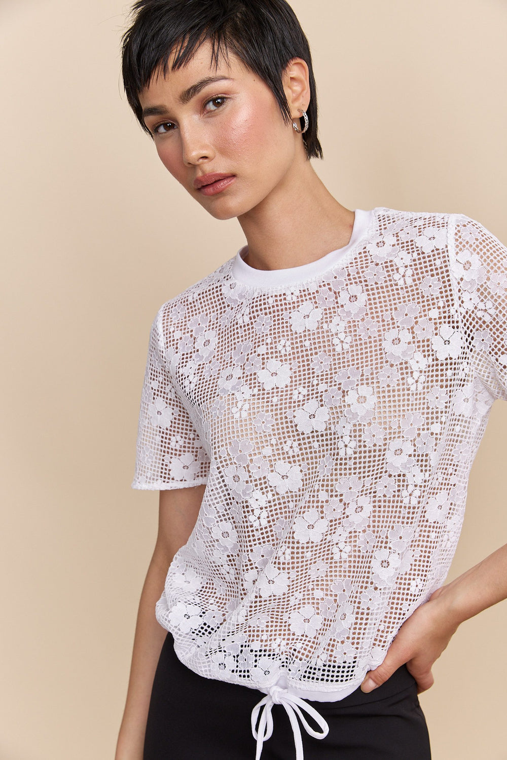 Lace boxy top with drawstring