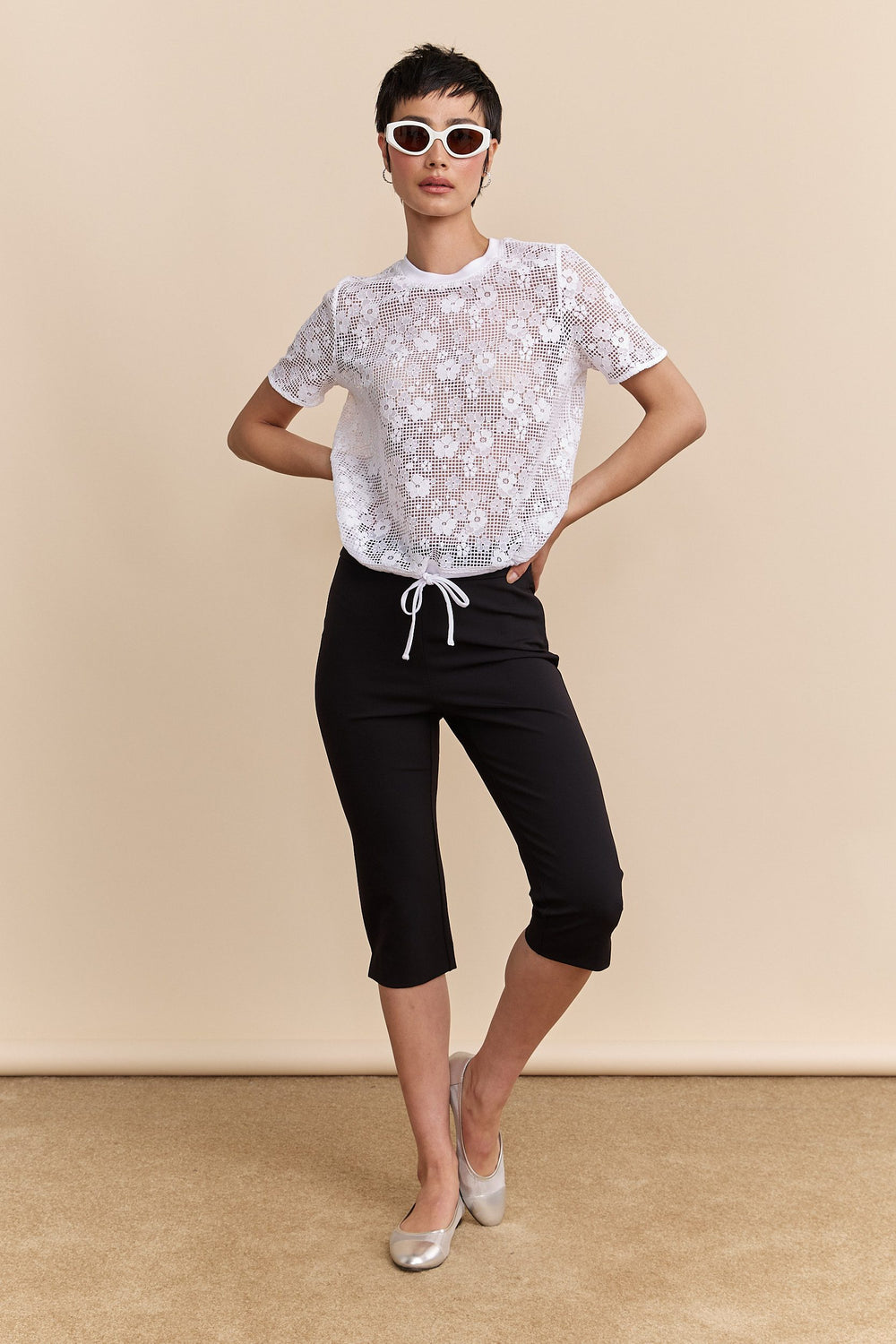 Lace boxy top with drawstring