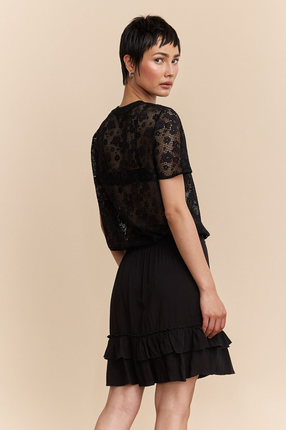 Lace boxy top with drawstring