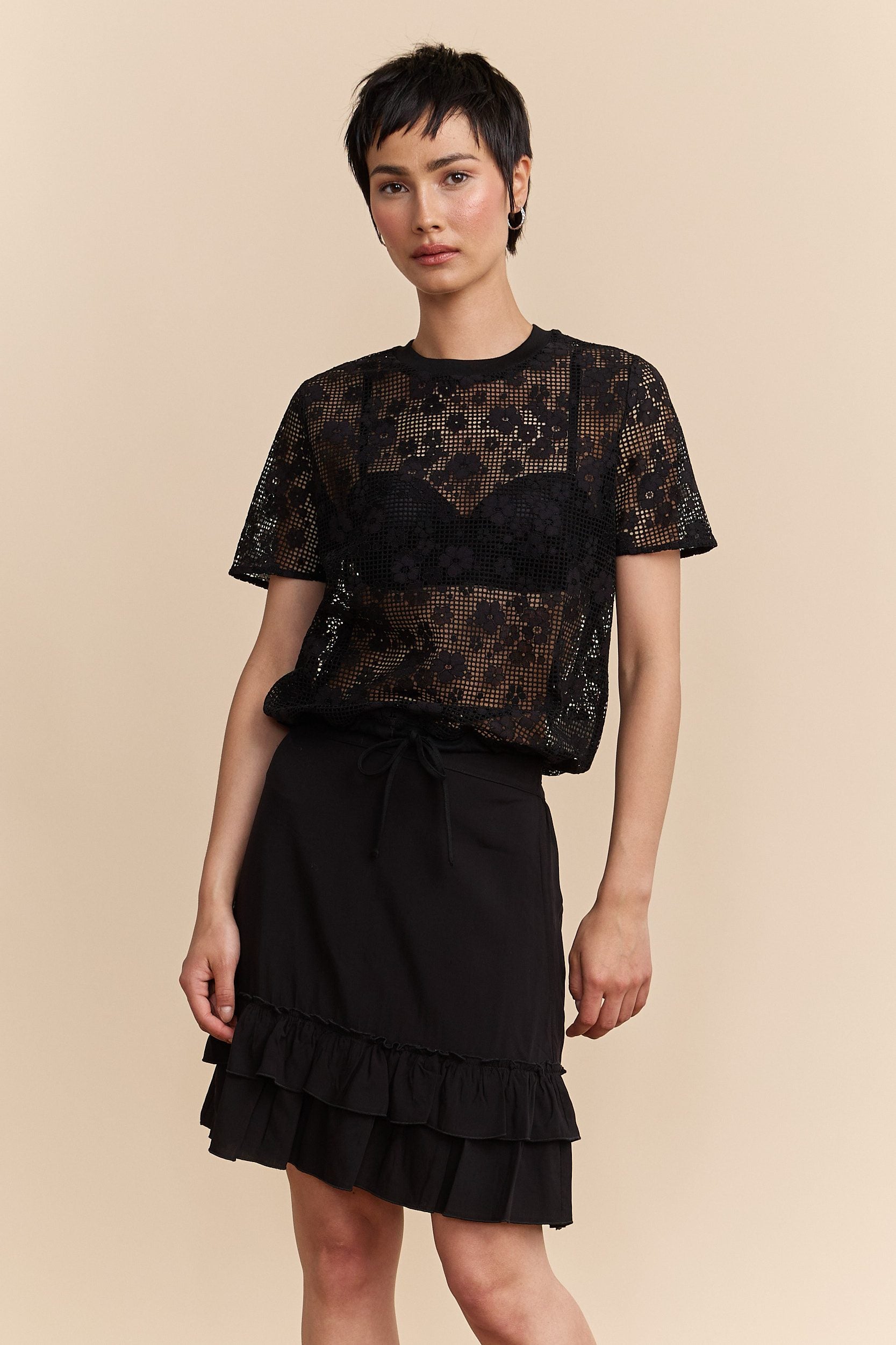 Lace boxy top with drawstring