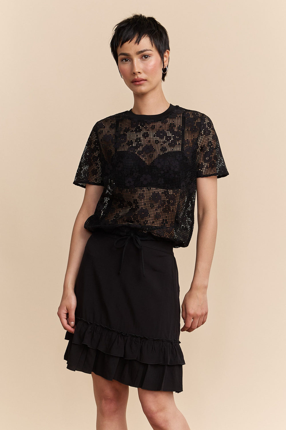 Lace boxy top with drawstring
