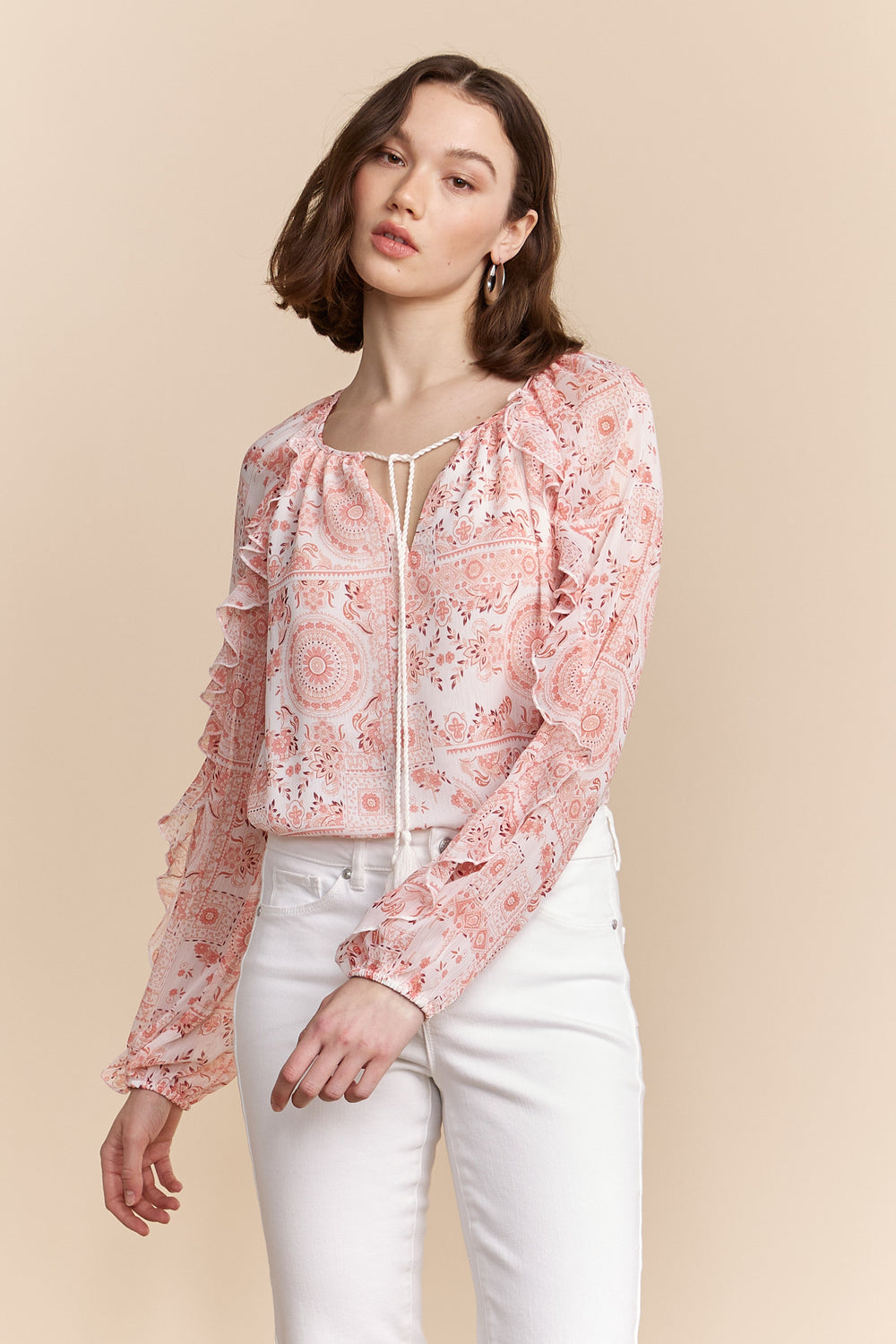 Printed blouse with frills and tie