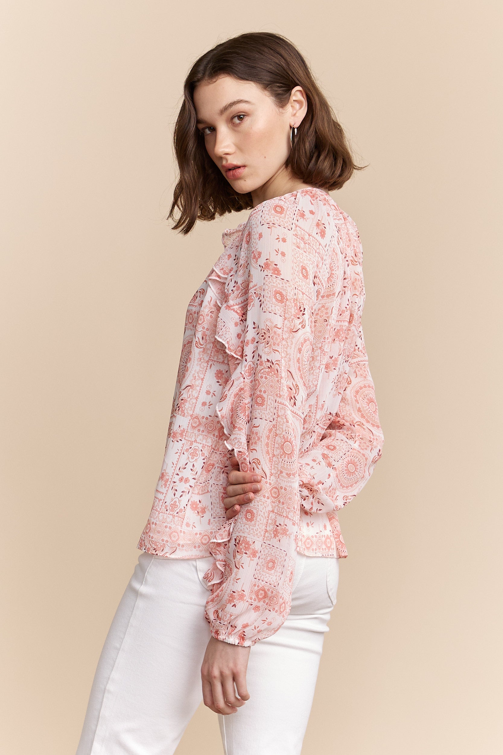 Printed blouse with frills and tie