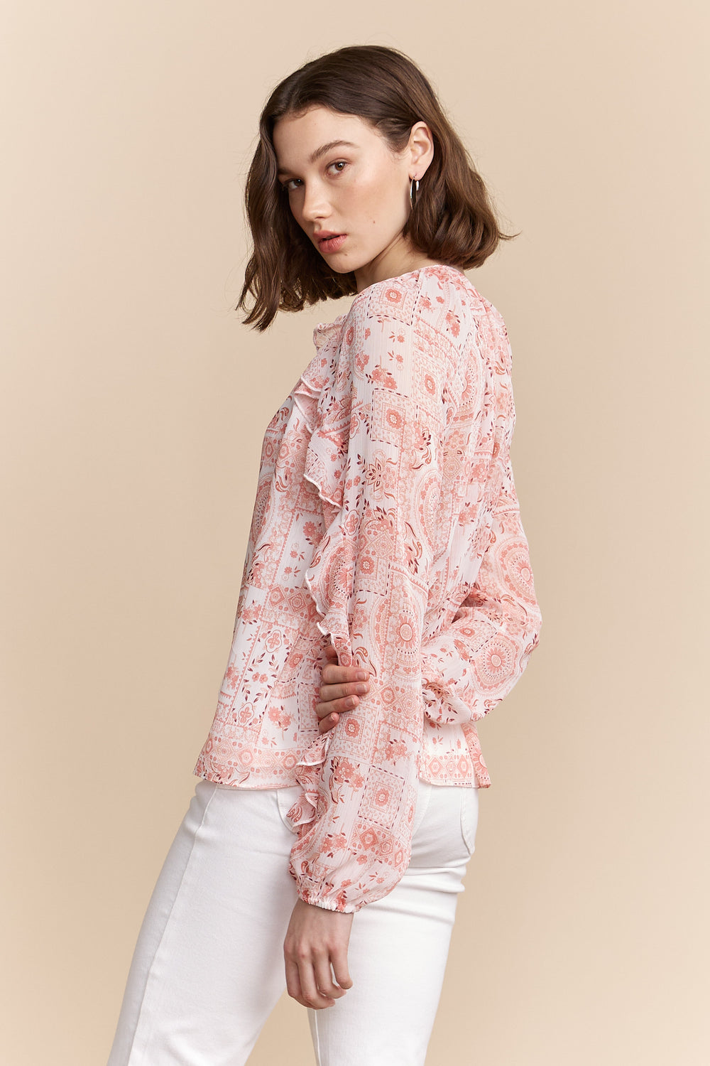 Printed blouse with frills and tie