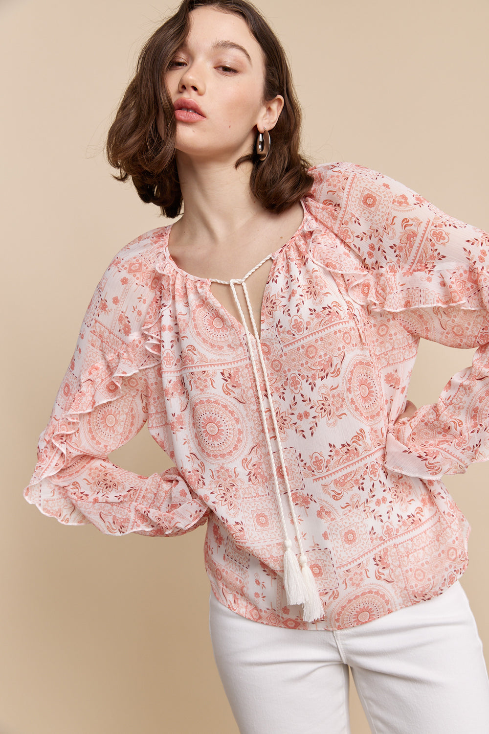 Printed blouse with frills and tie