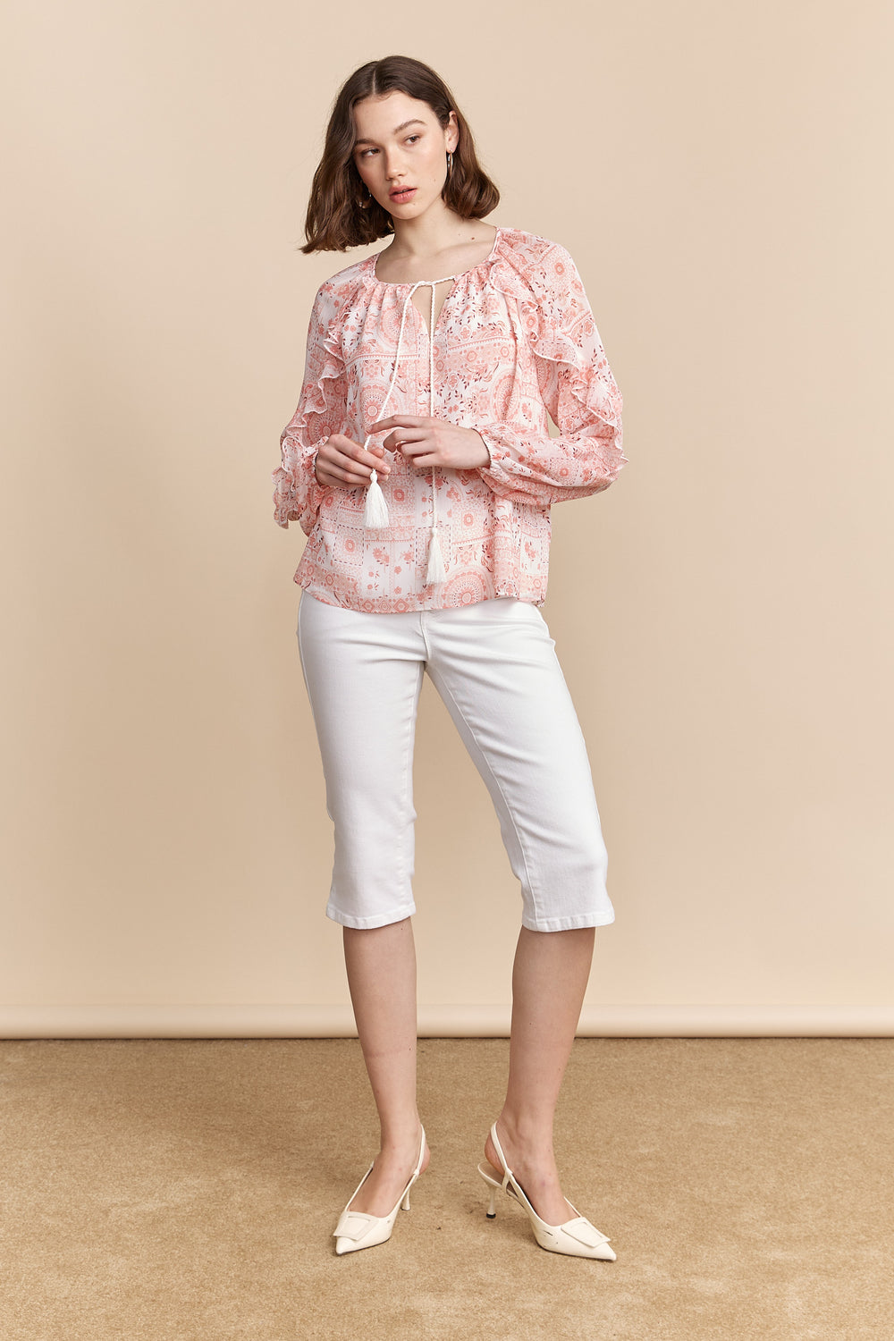 Printed blouse with frills and tie