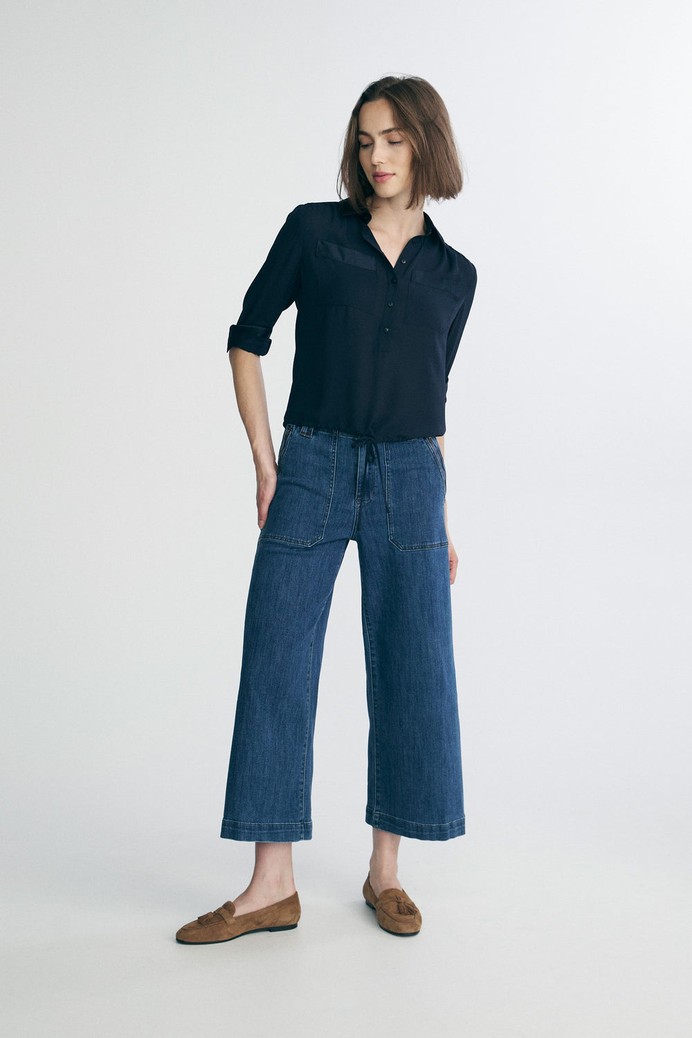 Fluid blouse with satin accent