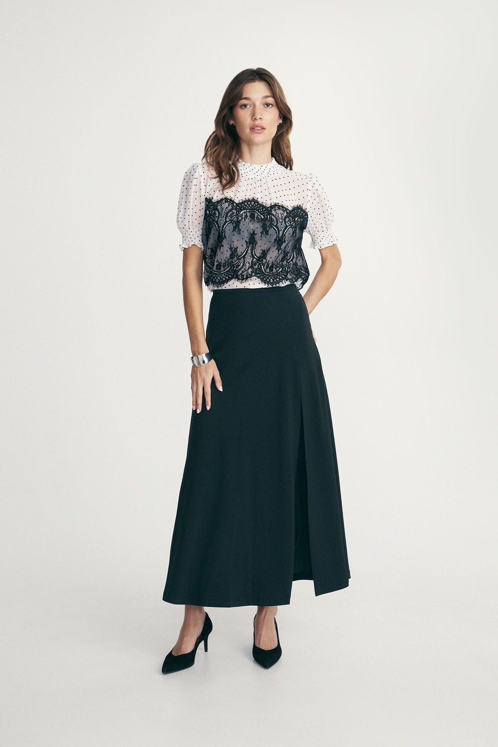 Polka dot tulle and lace blouse