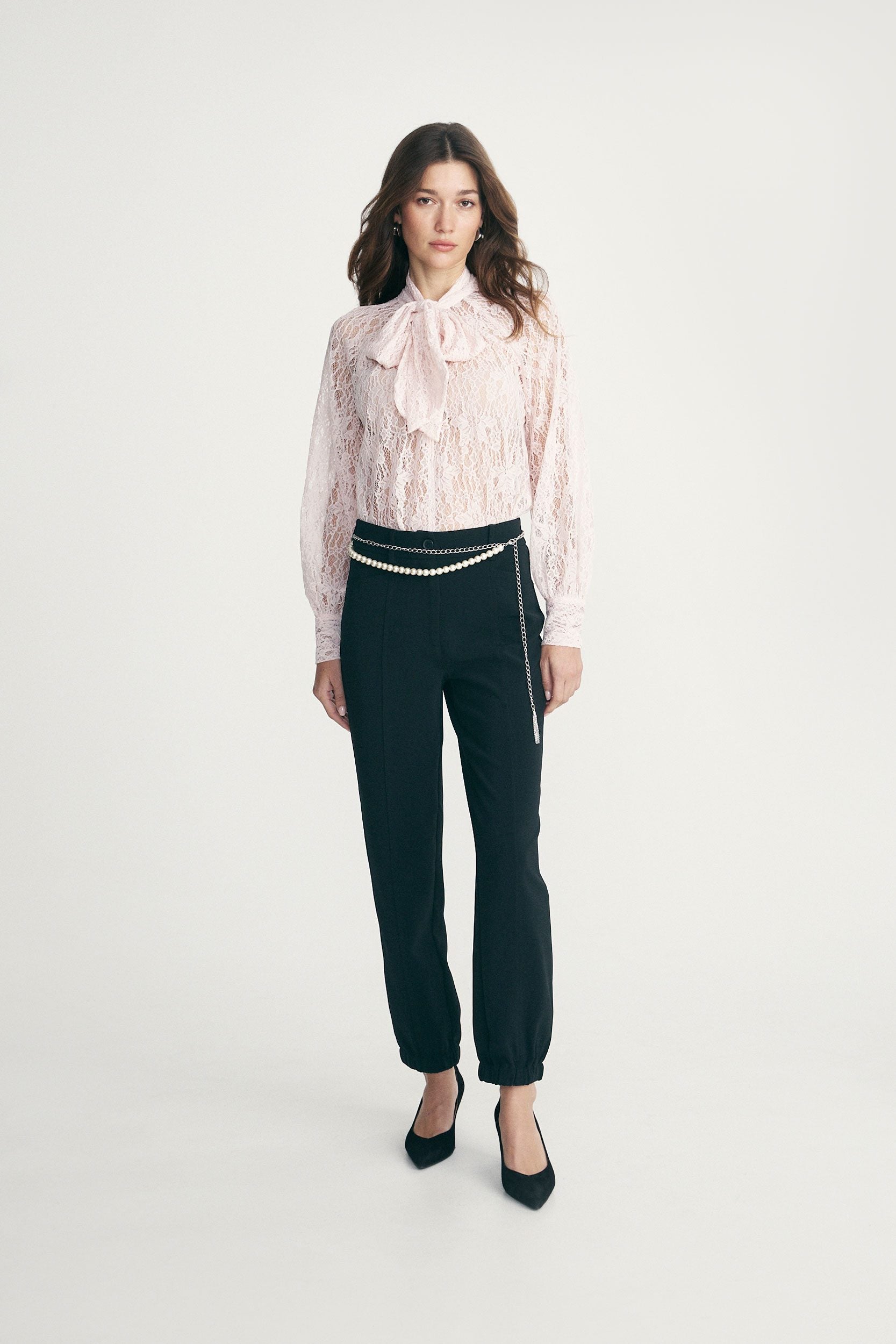 Lace blouse with bow tie neck