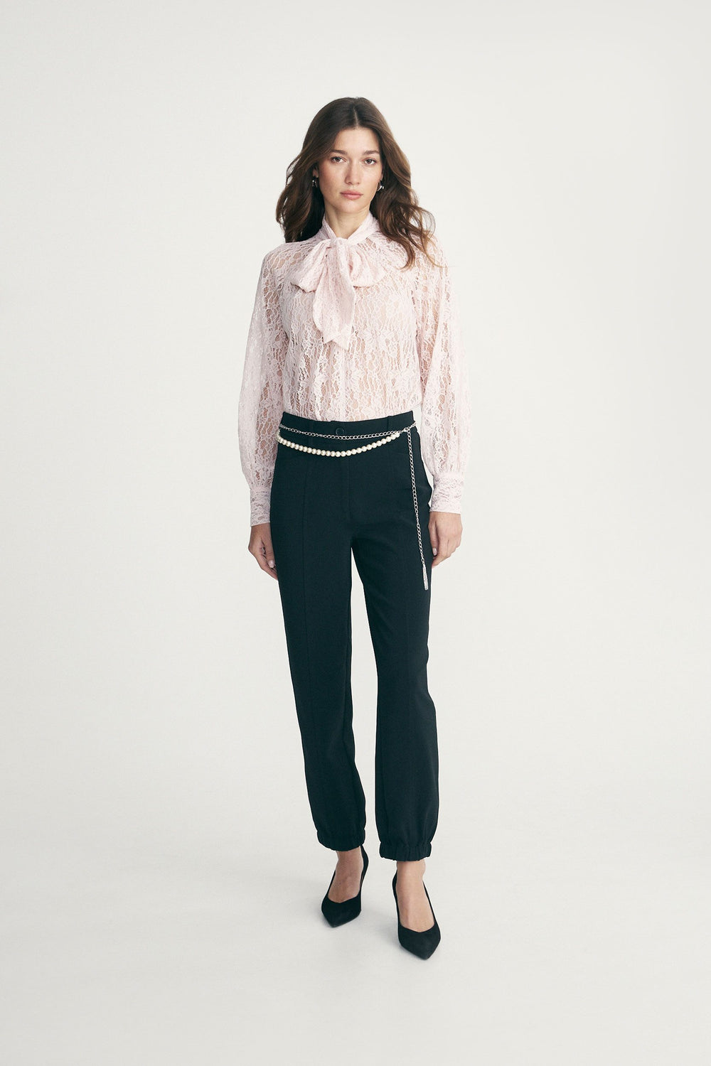 Lace blouse with bow tie neck