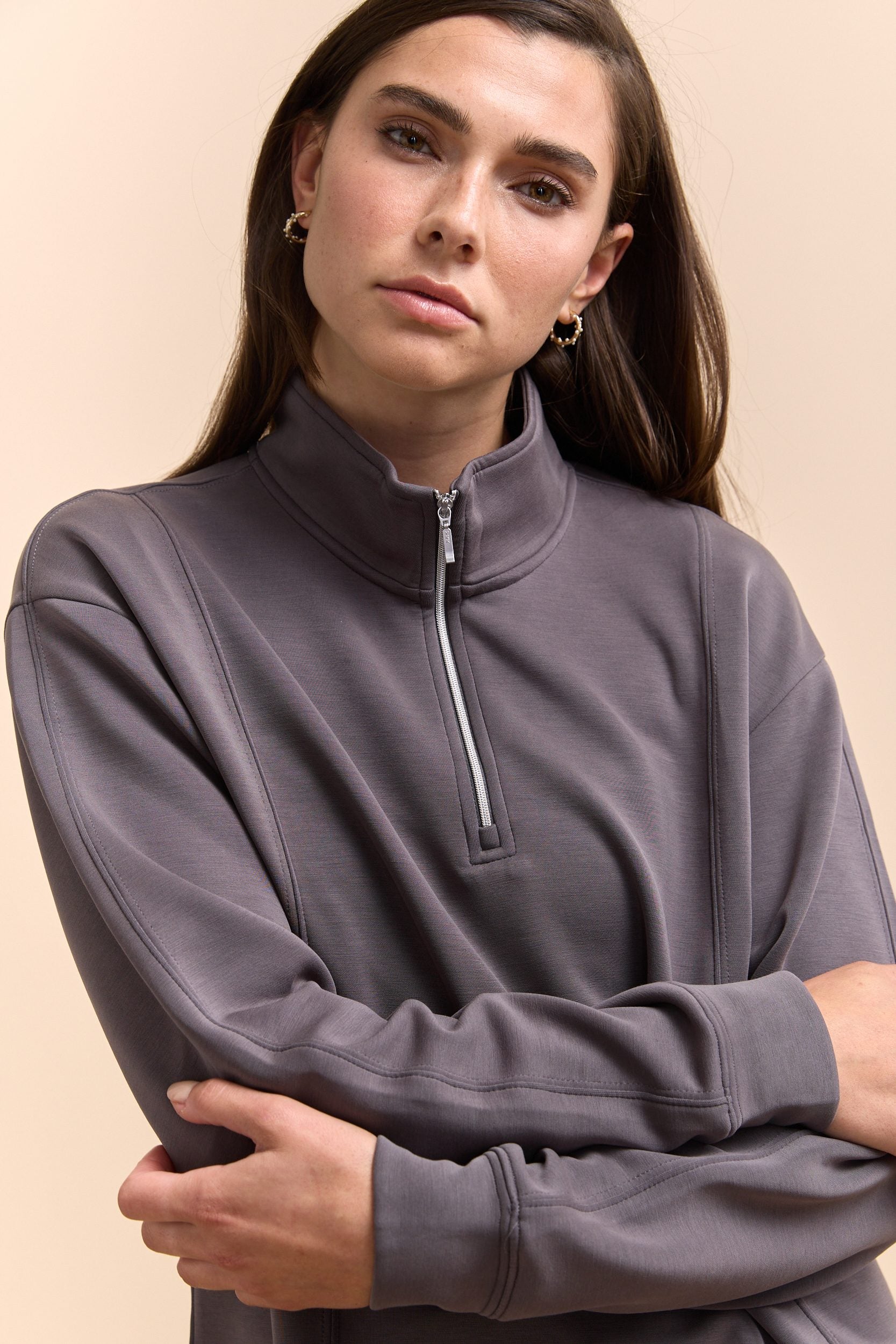 Ponte cropped sweatshirt with front zipper