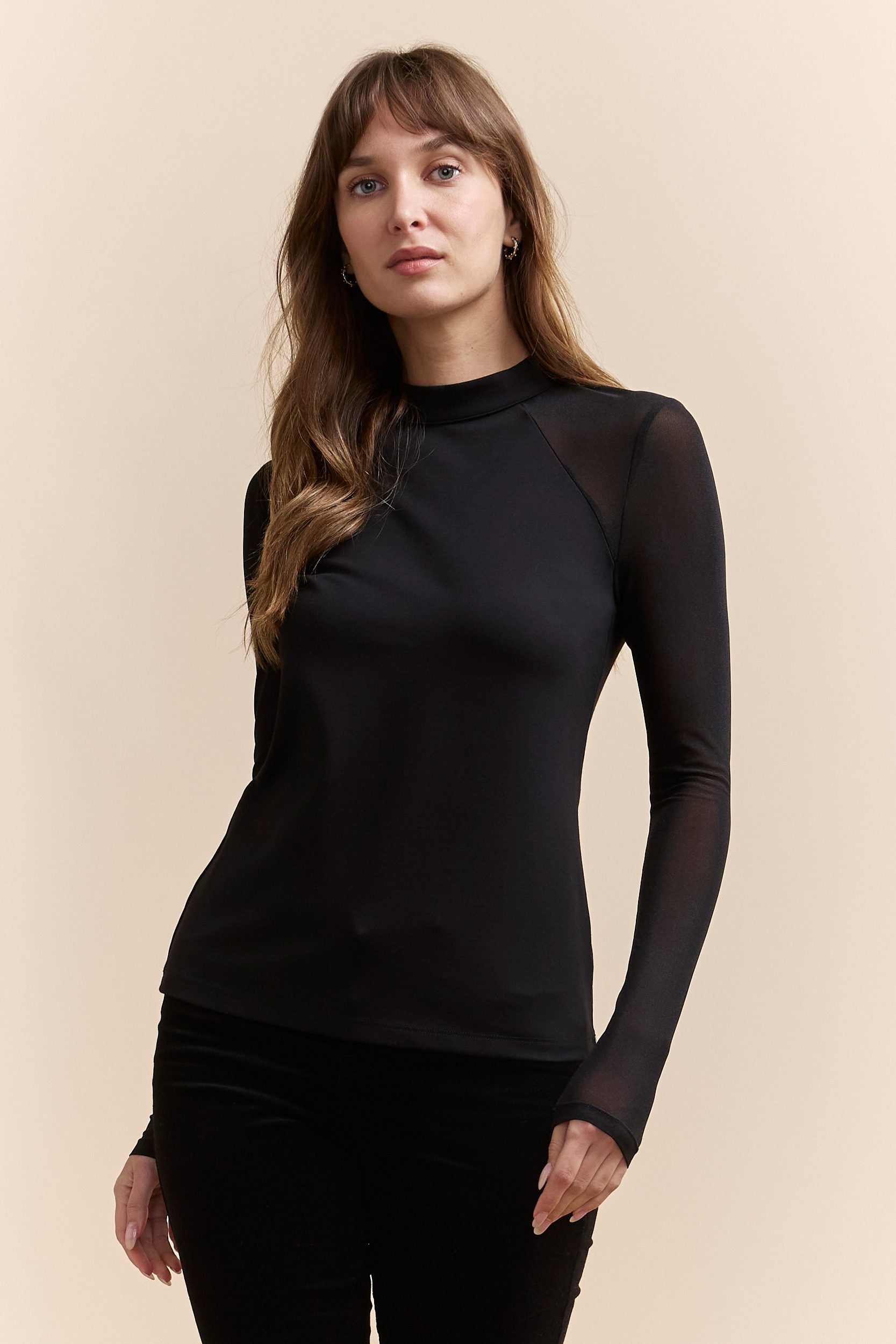 Mixed fabrics mock neck top