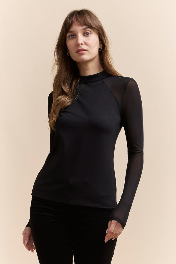 Mixed fabrics mock neck top