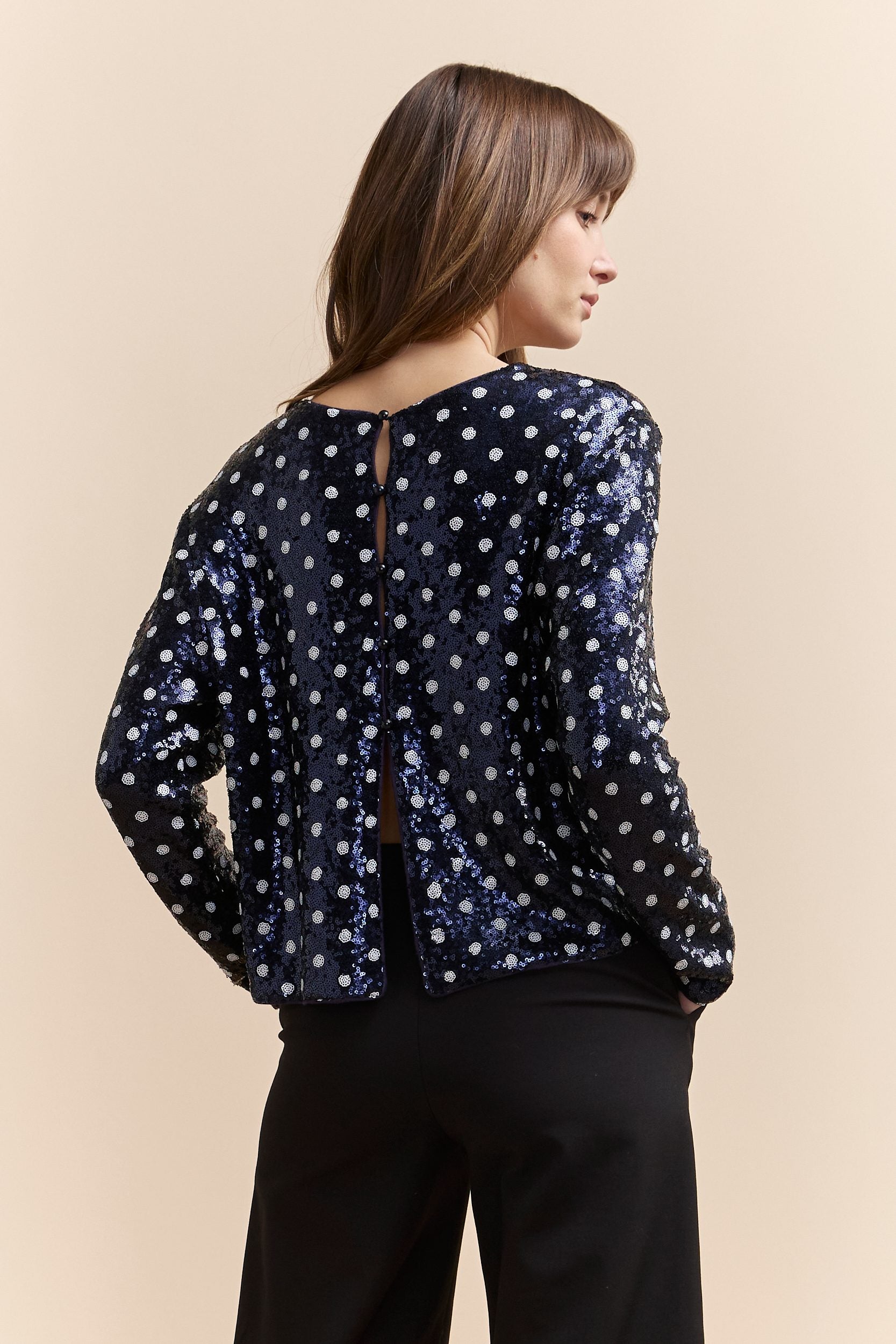 Polka dot sequin crop top with open back