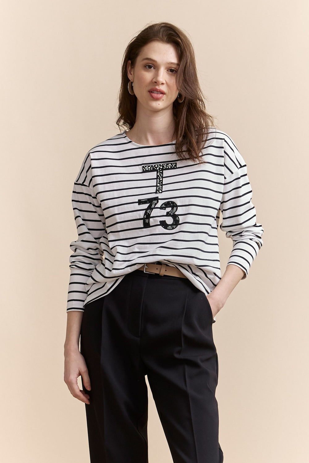 Striped t-shirt with lace appliqué