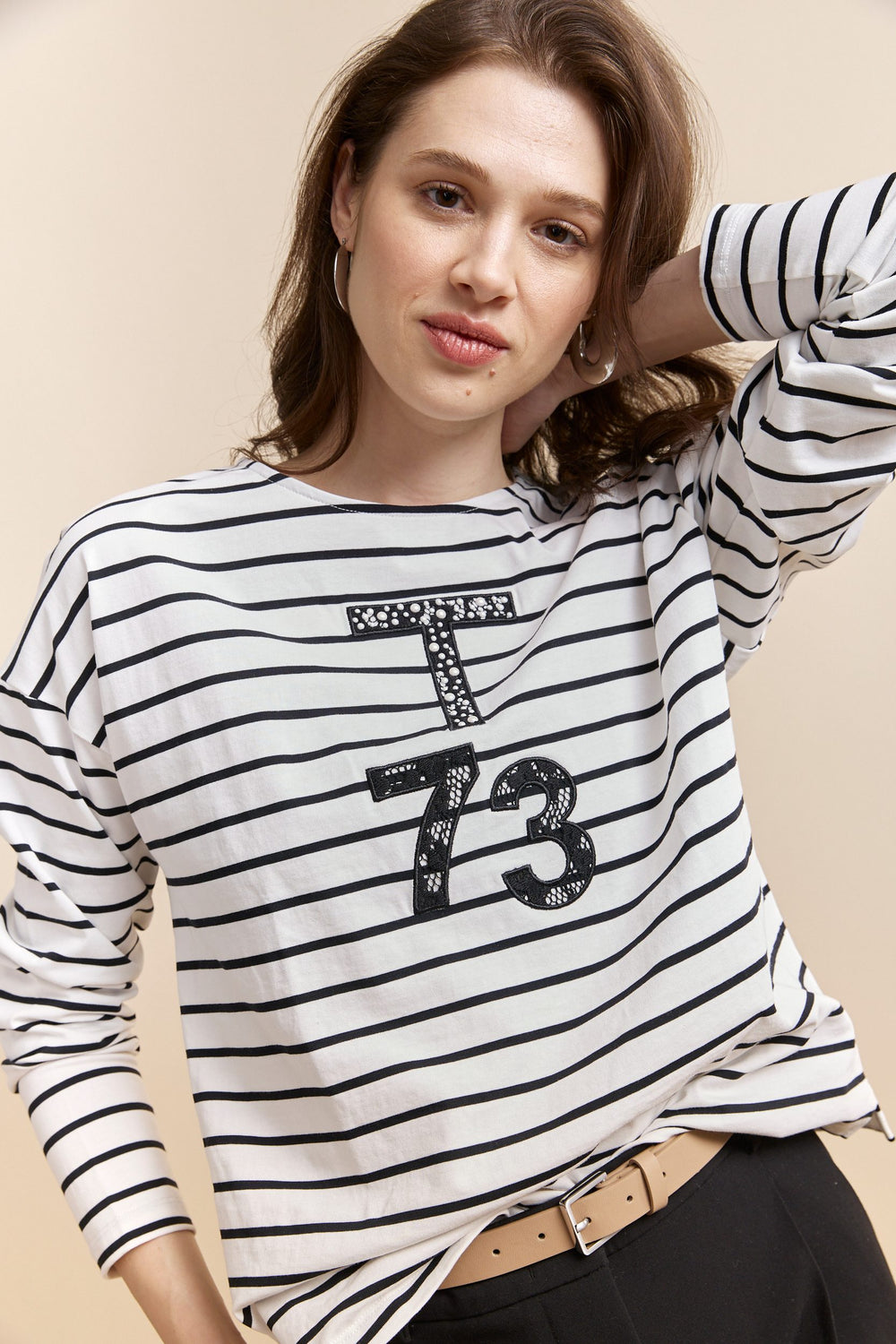 Striped t-shirt with lace appliqué