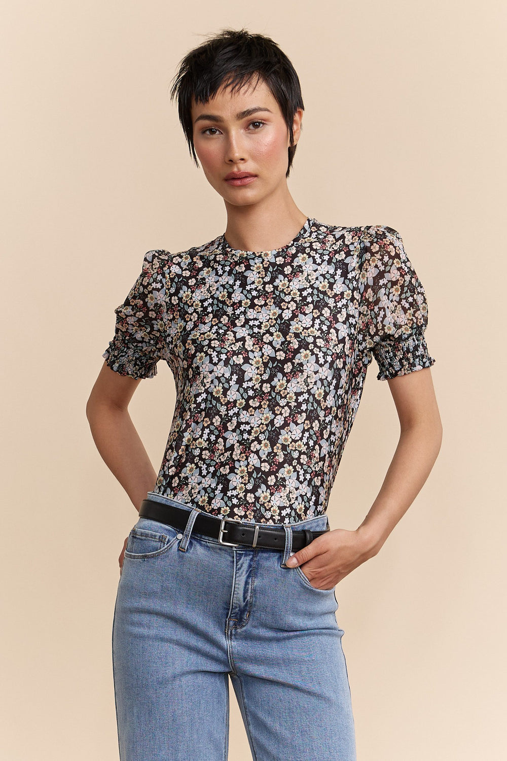 Mixed fabrics floral printed top