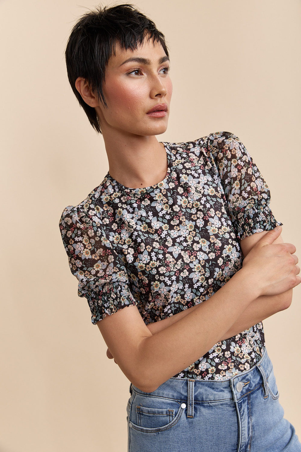 Mixed fabrics floral printed top