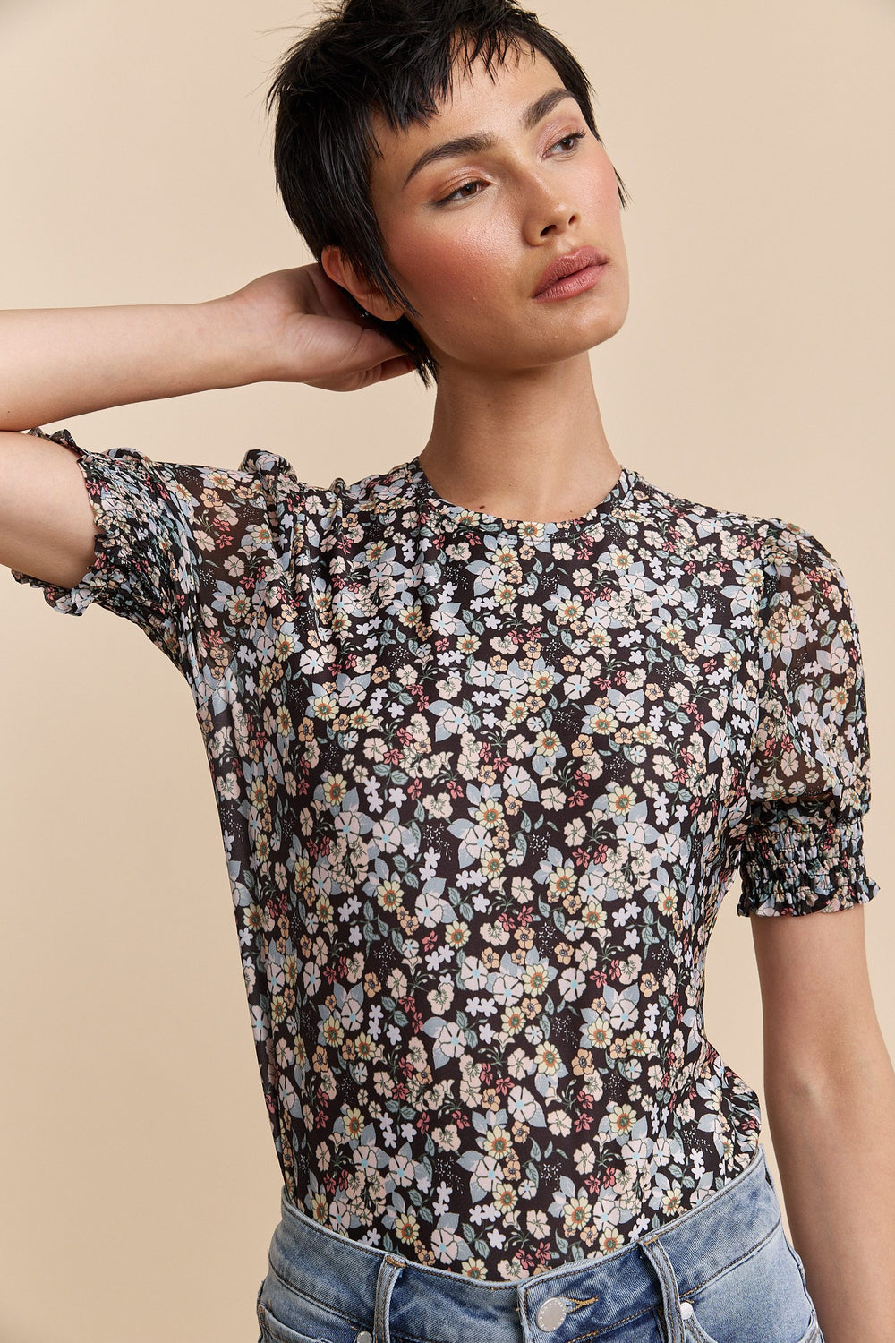 Mixed fabrics floral printed top
