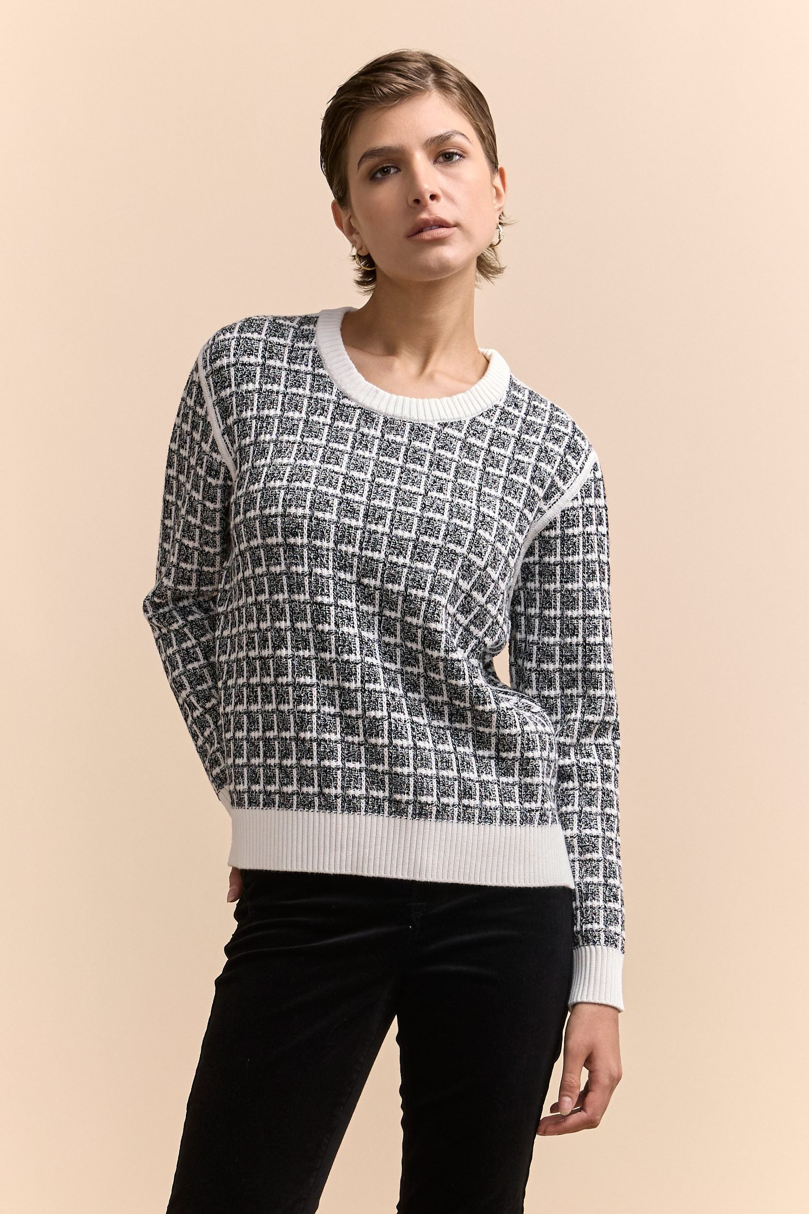 Reversible textured crew neck sweater