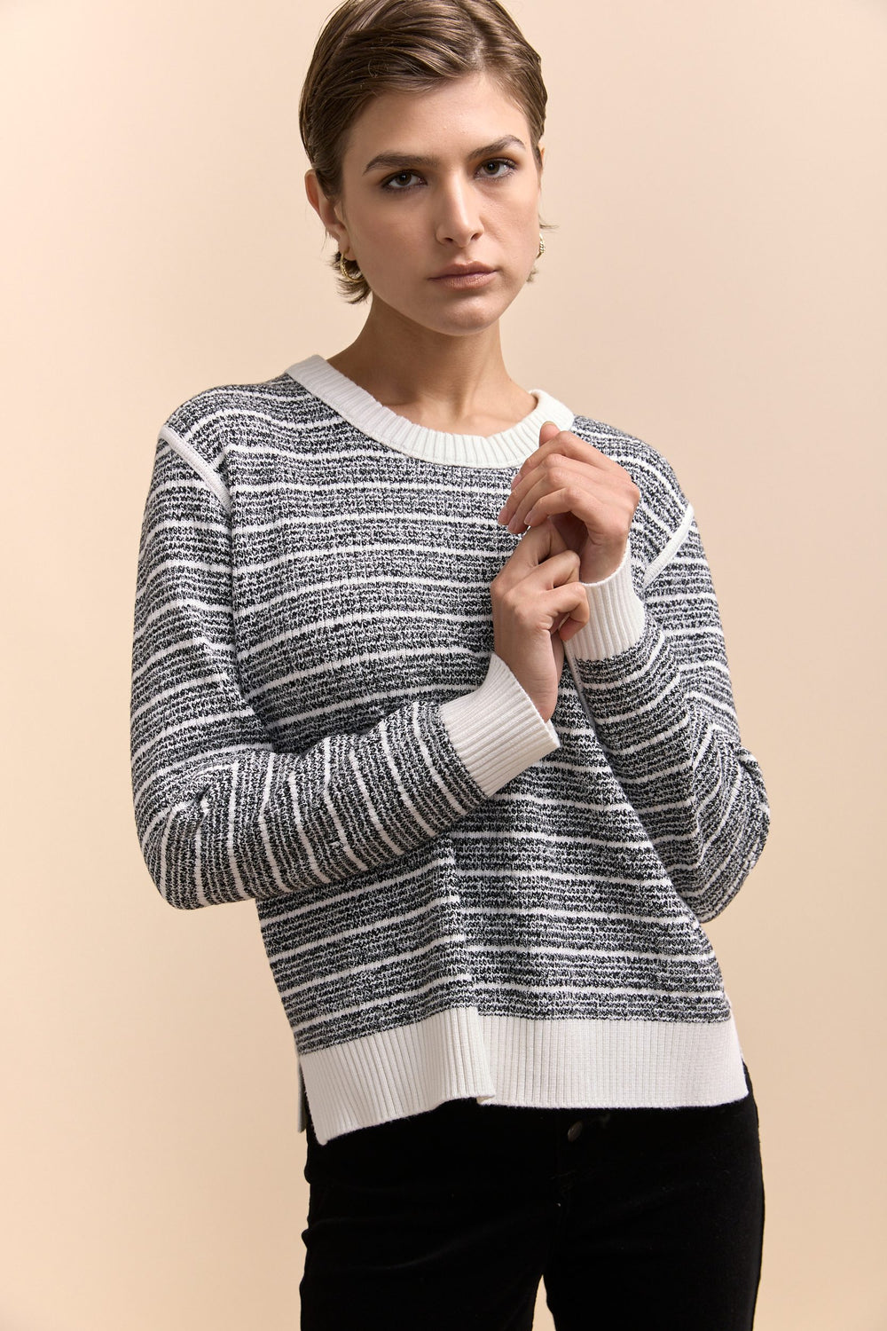 Reversible textured crew neck sweater