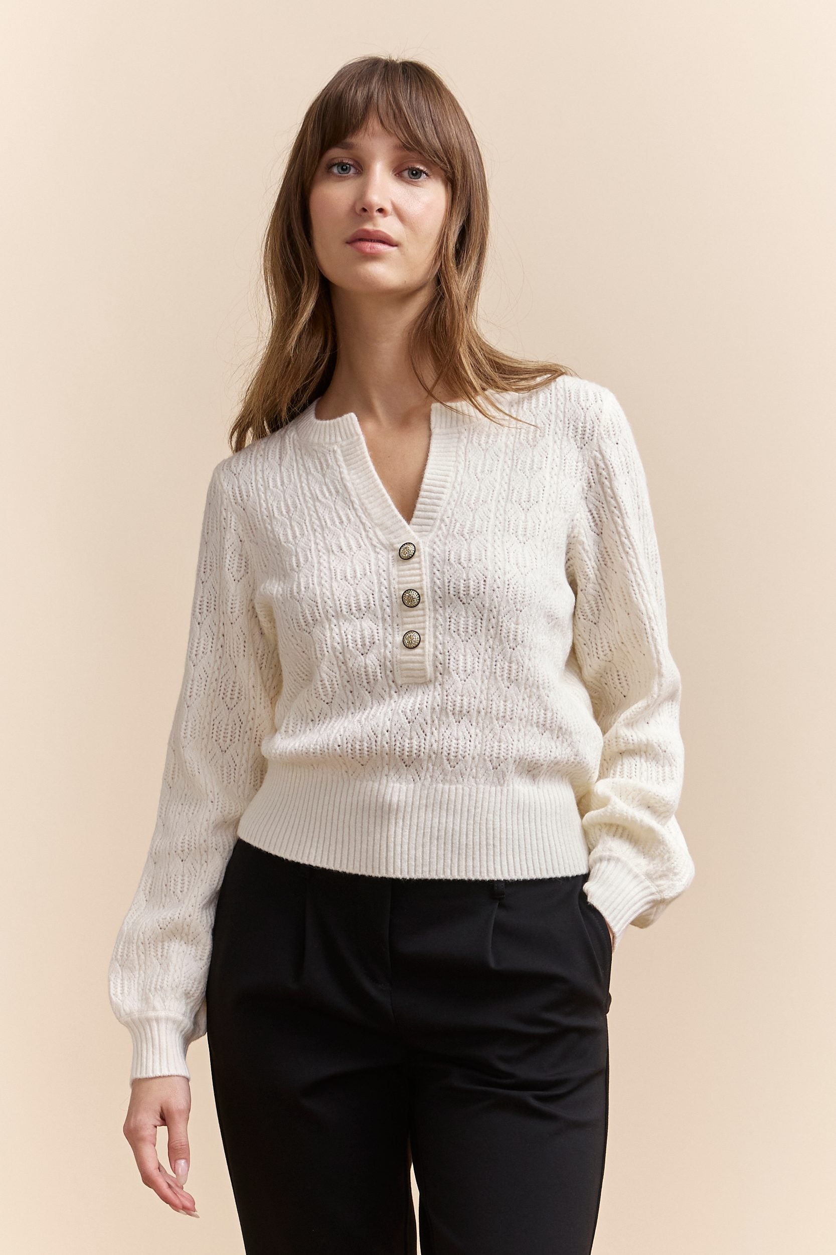 Pointelle sweater with jewel buttons