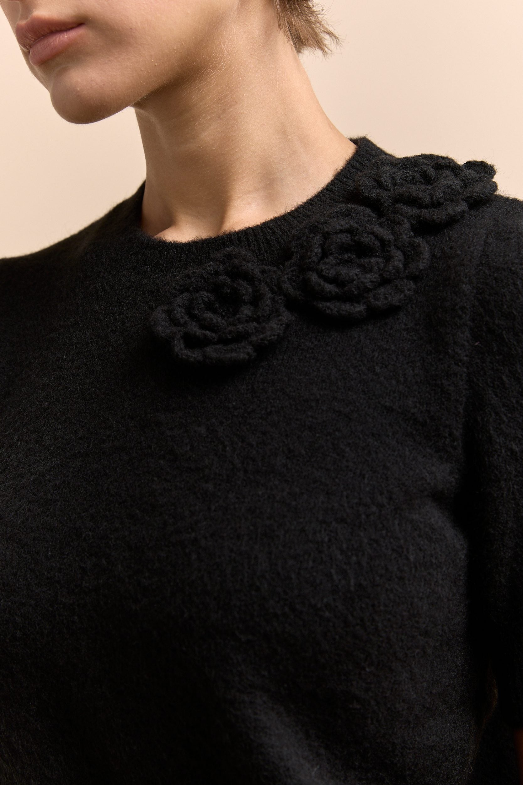 Crew Neck Sweater With Crochet Flowers