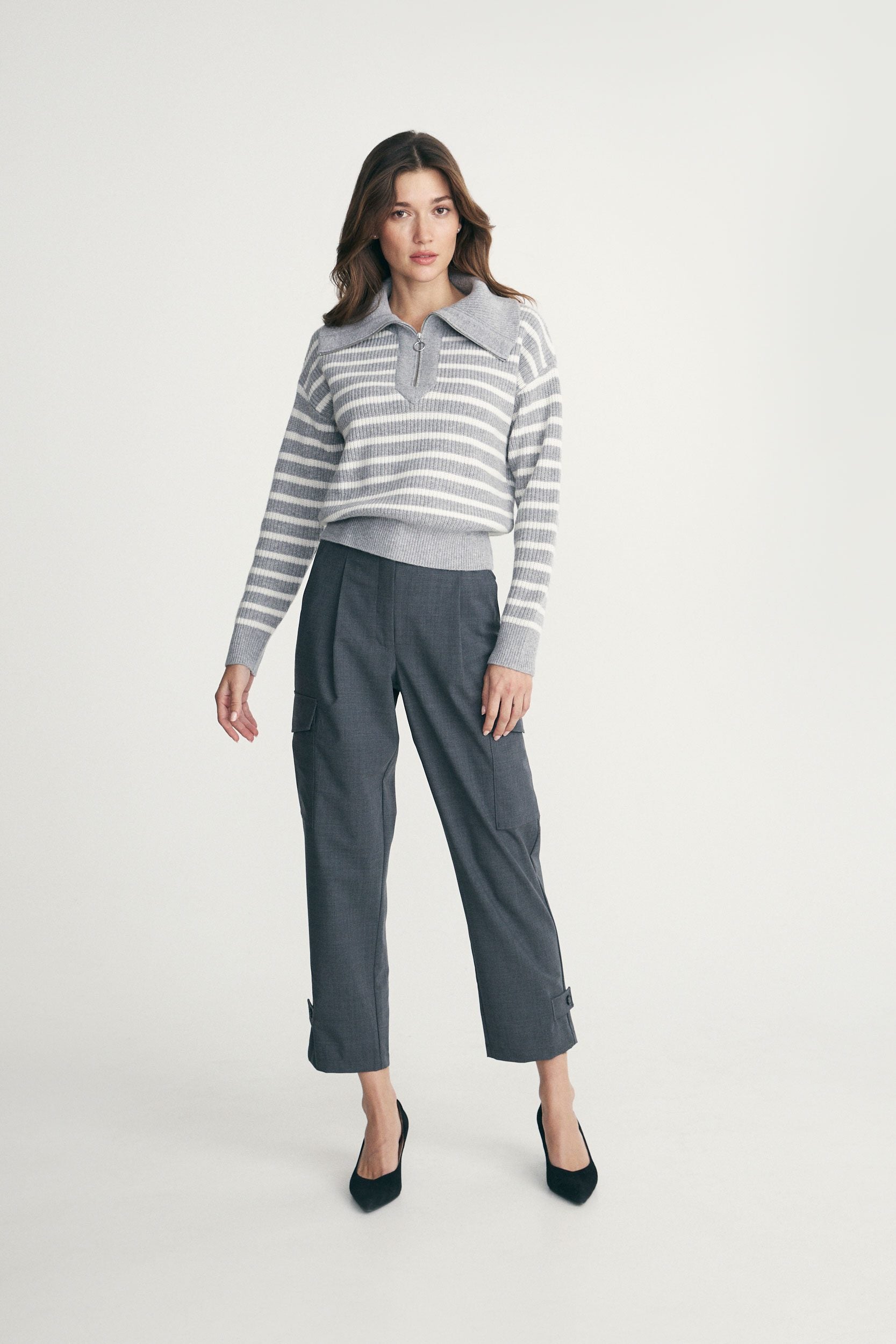 Striped mock neck zip sweater