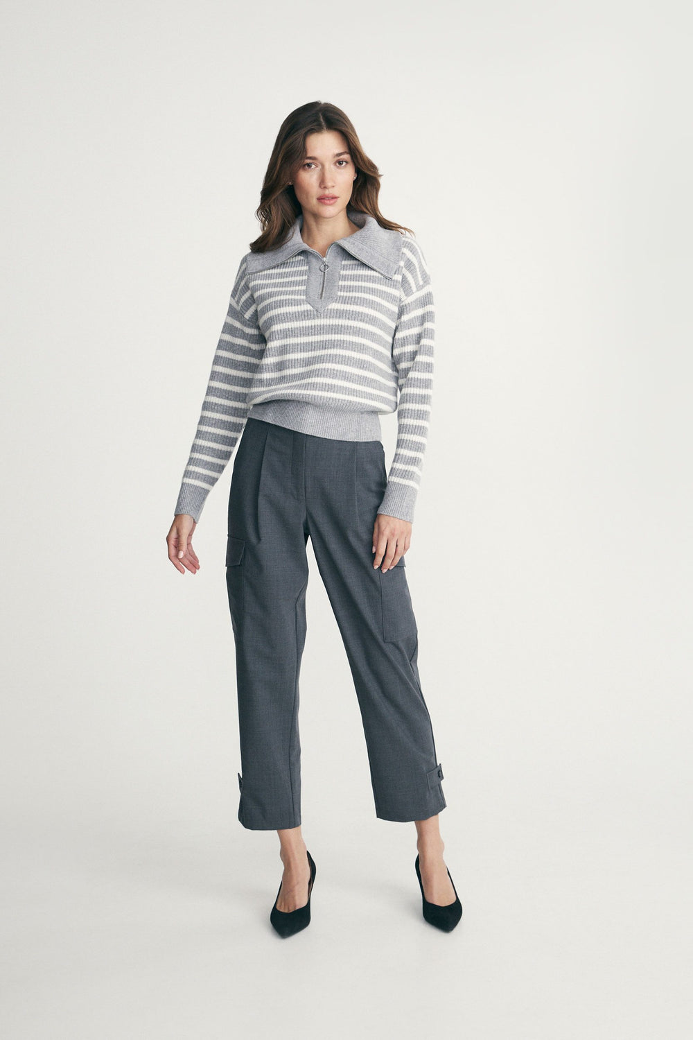 Striped mock neck zip sweater
