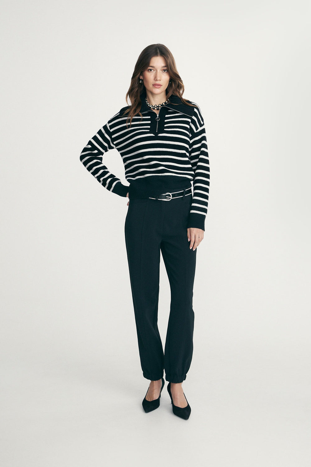 Striped mock neck zip sweater