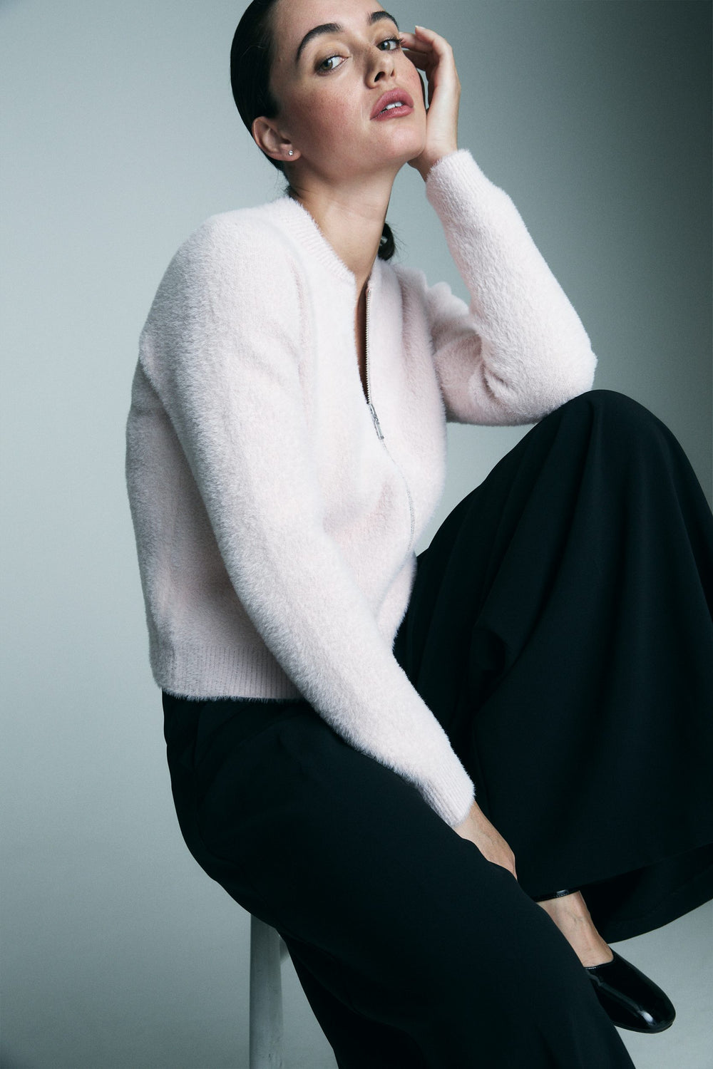 Zip-front fuzzy knit sweater