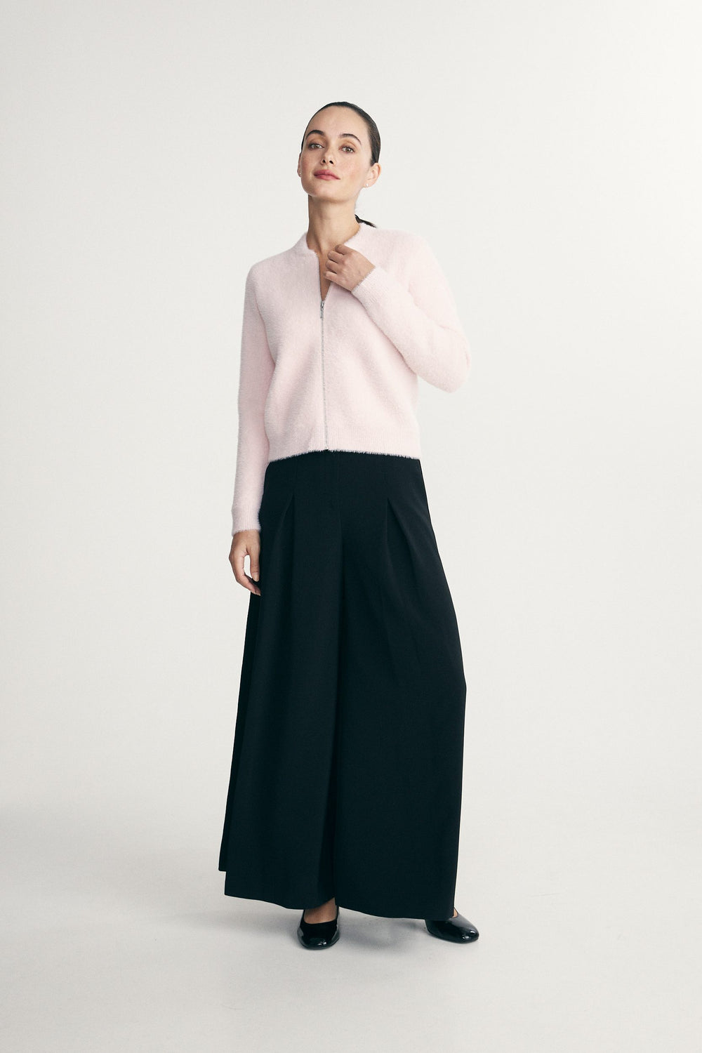 Zip-front fuzzy knit sweater