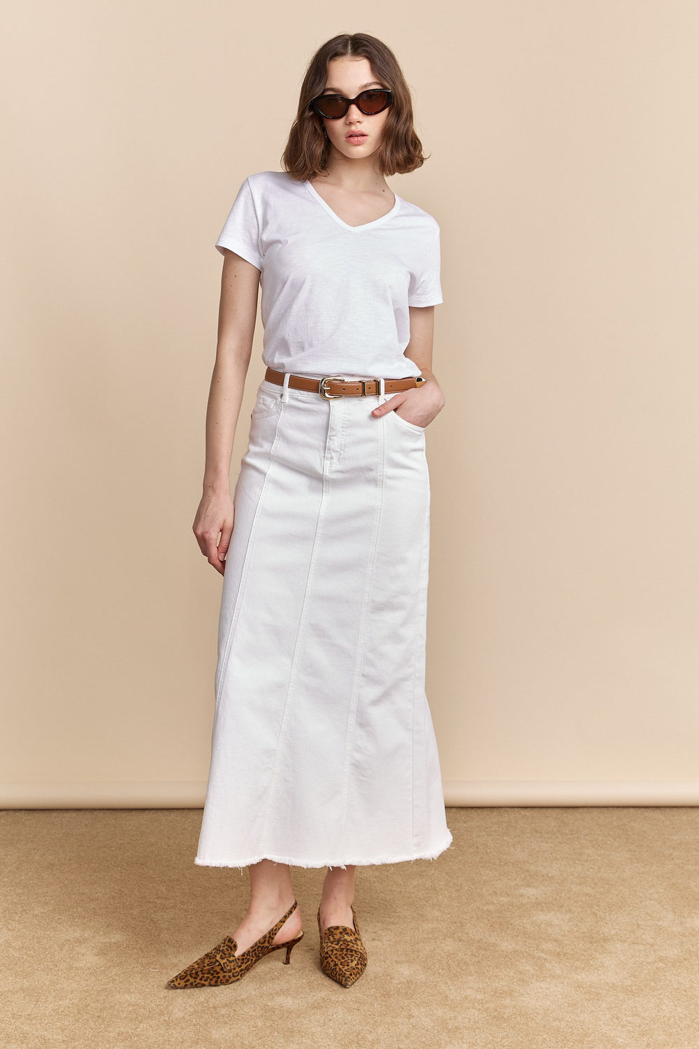Long white denim skirt