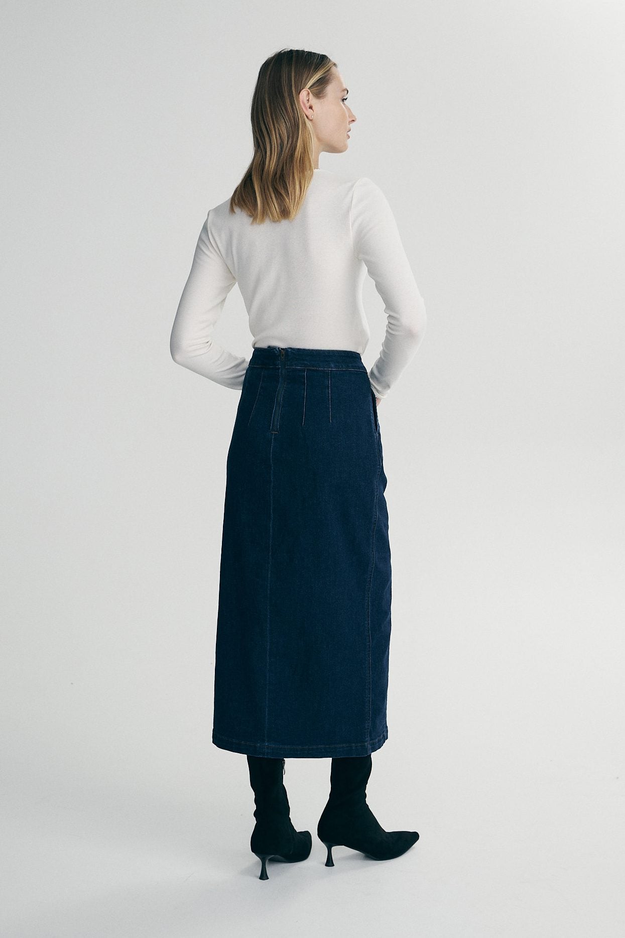 Long denim skirt with front slit