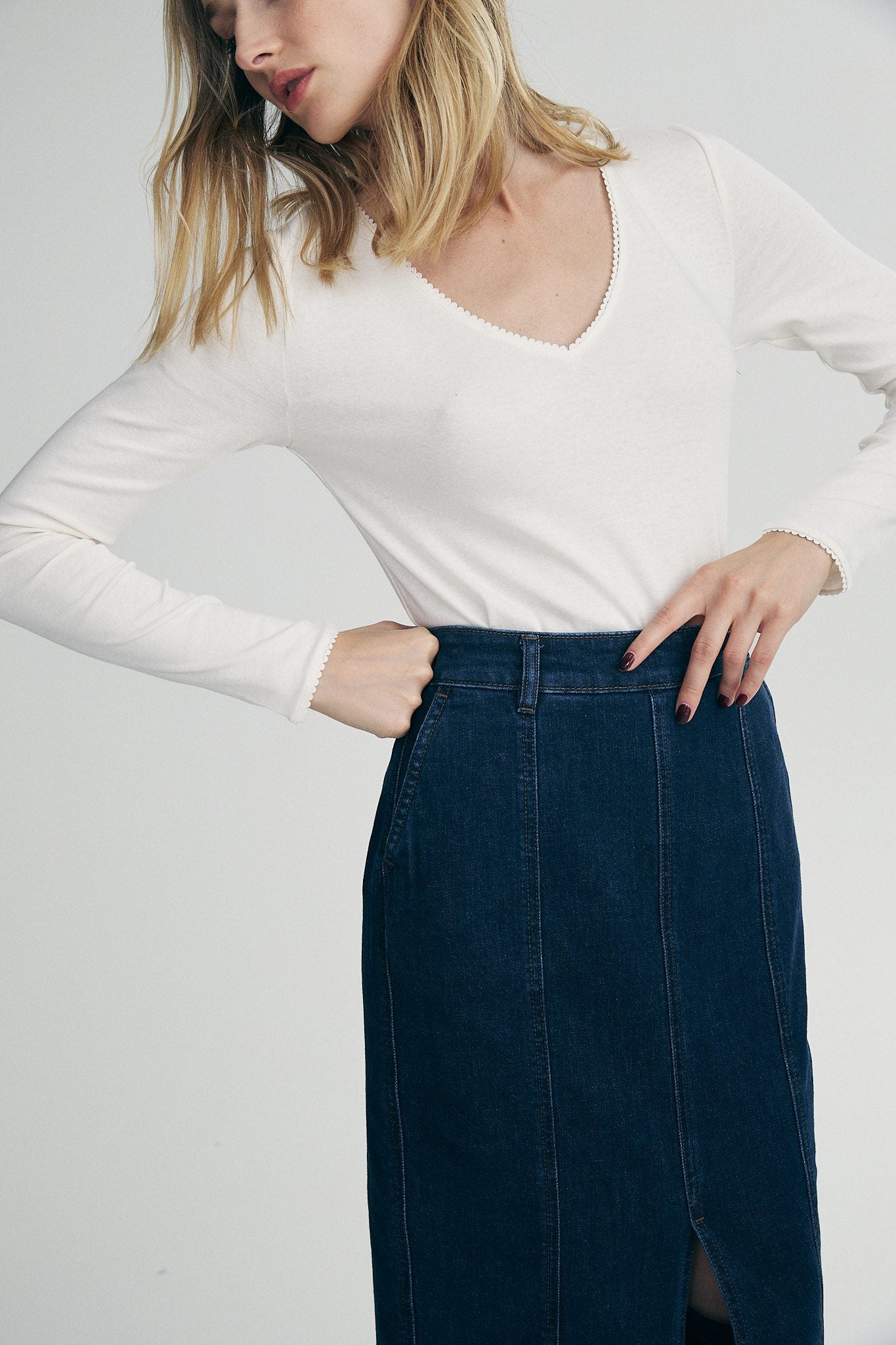 Long denim skirt with front slit