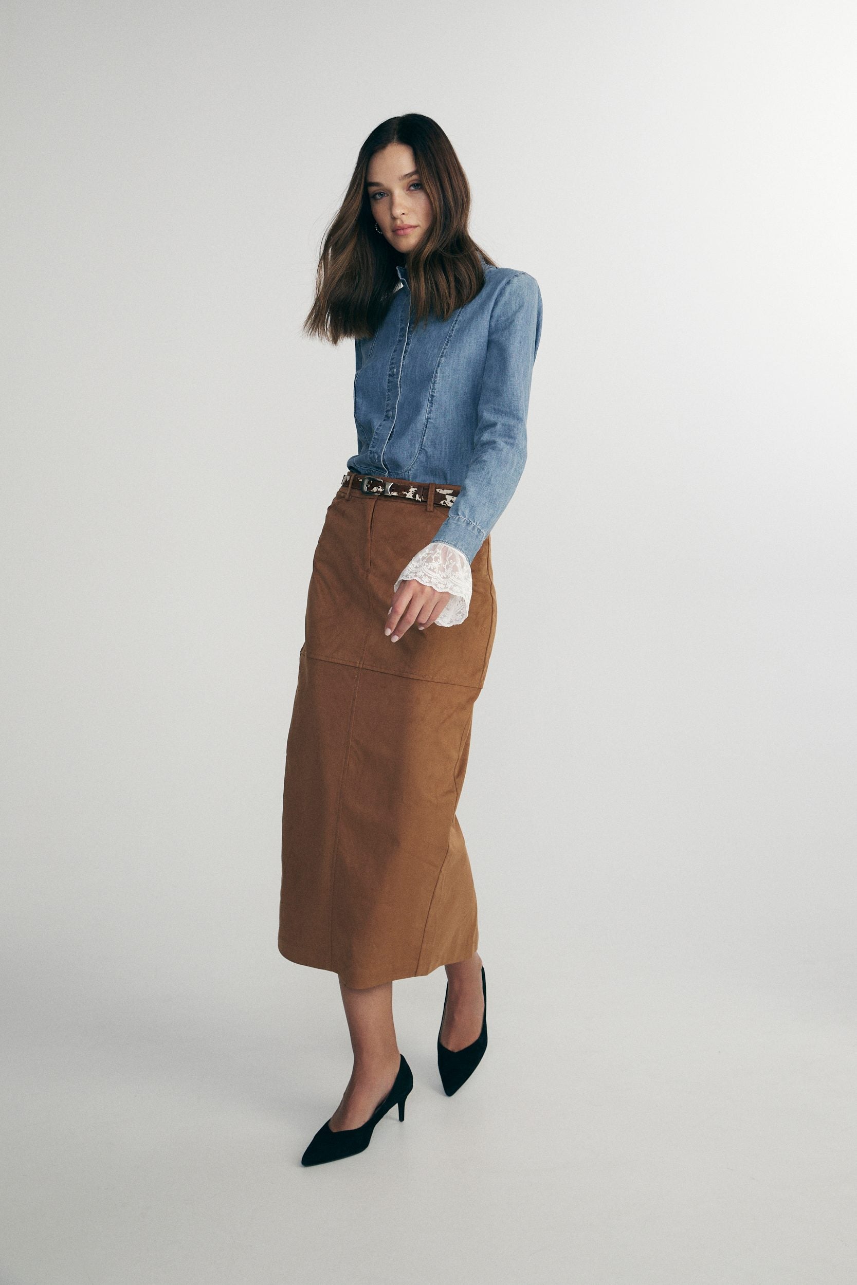 Long faux suede skirt