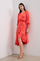 Satin wrap dress with puff sleeves