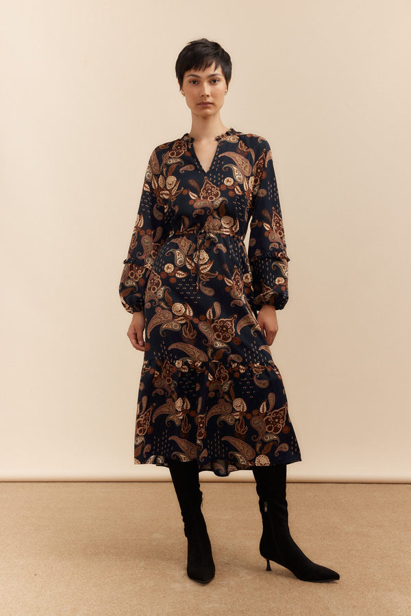 Fluid printed dress with drawstring