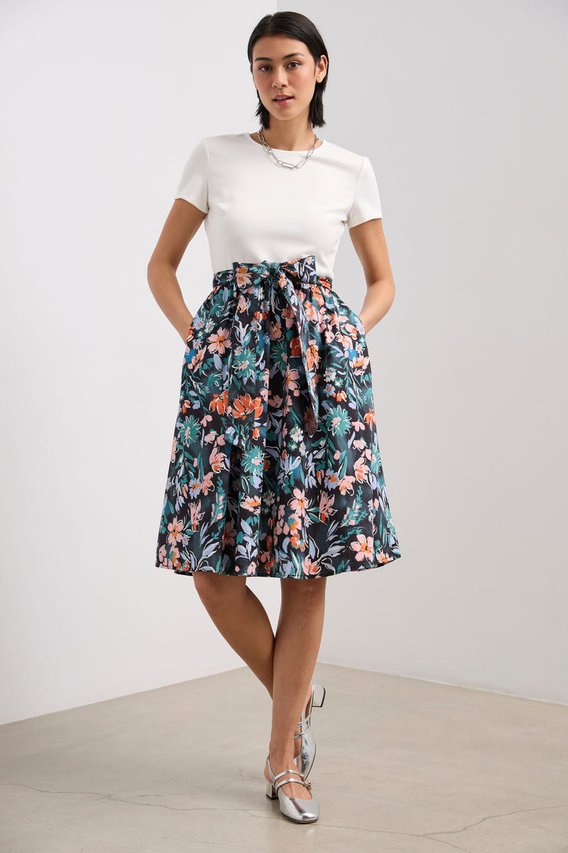 Midi printed poplin and jersey dress