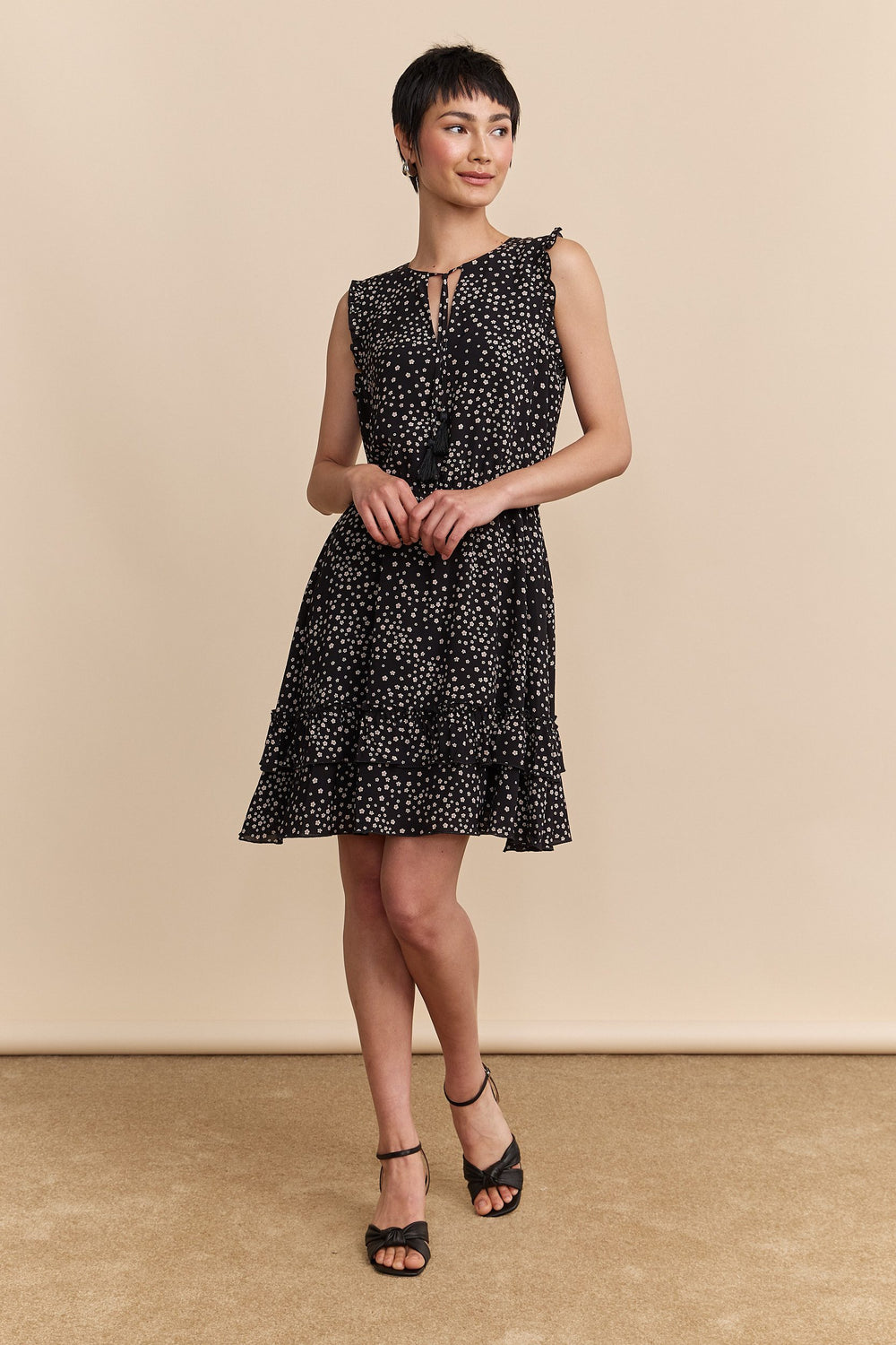 Printed floral fluid dress with frills