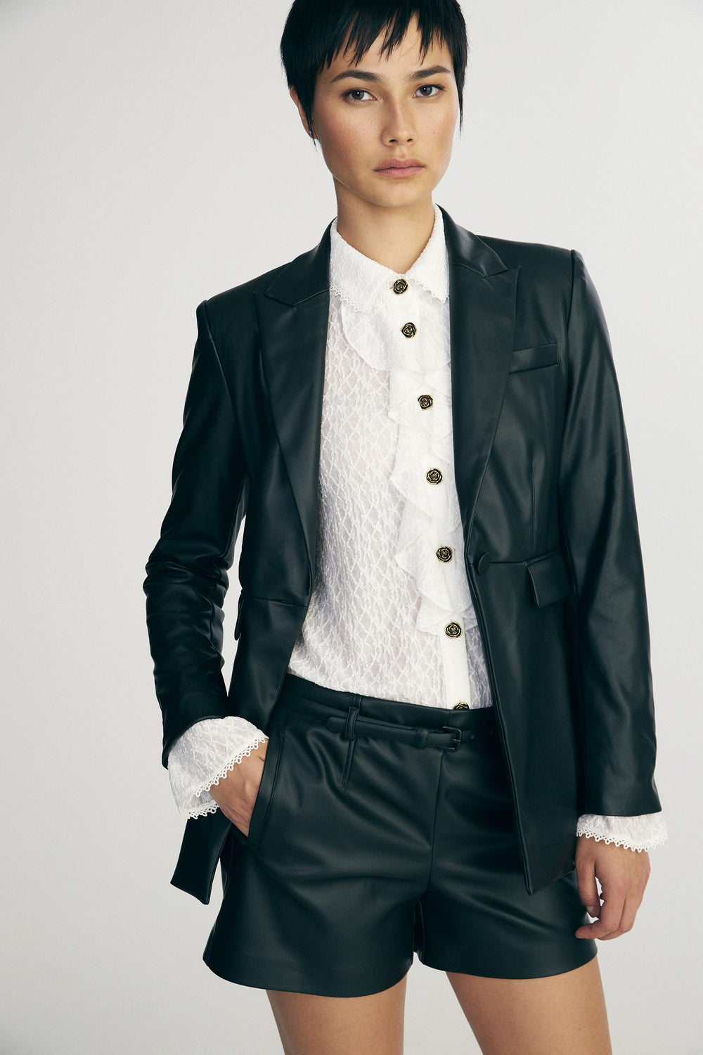 Faux leather fitted blazer