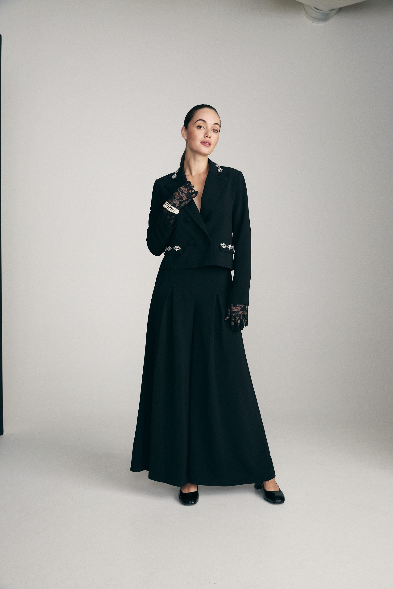 Blazer with crystal-embellished collar