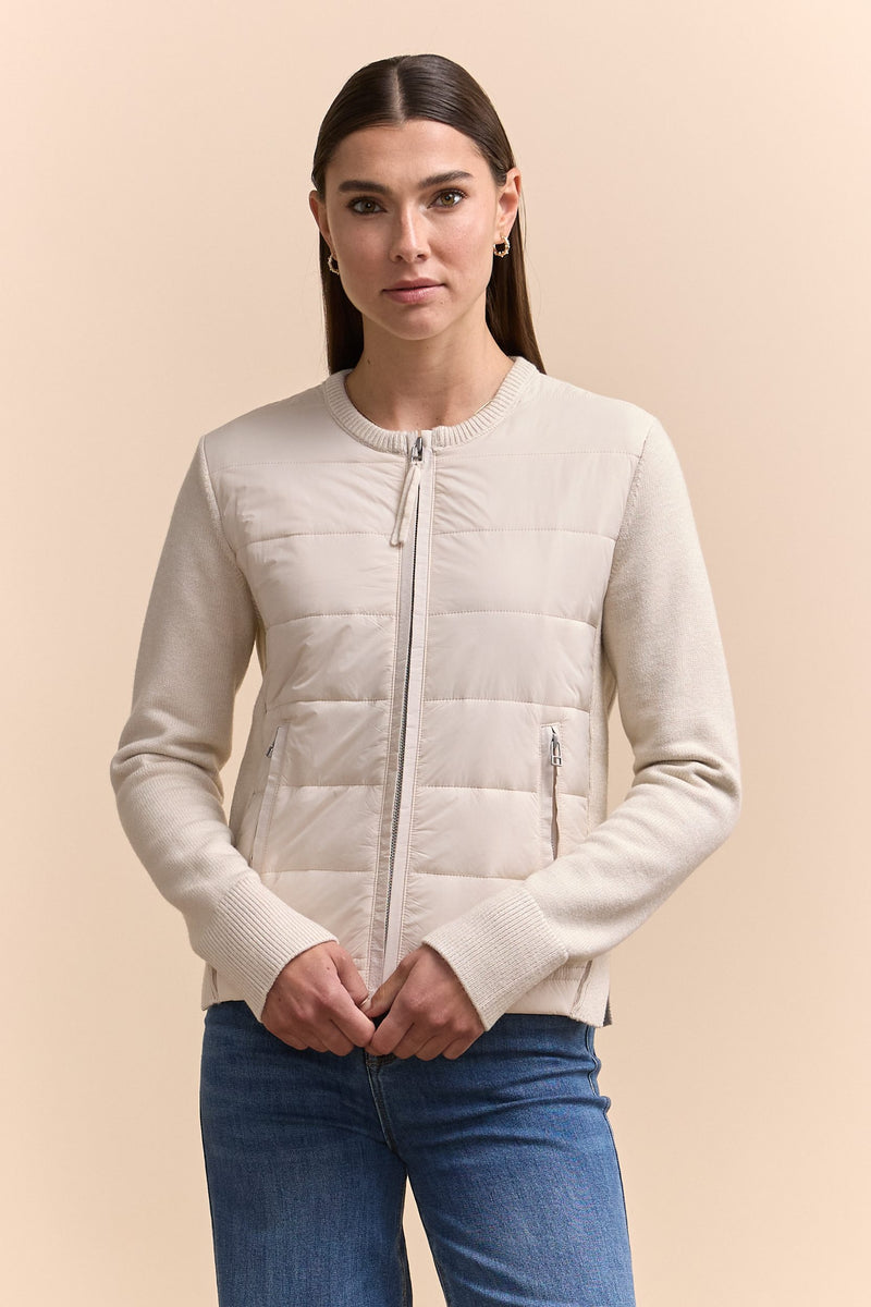 Quilted bomber with knit sleeves