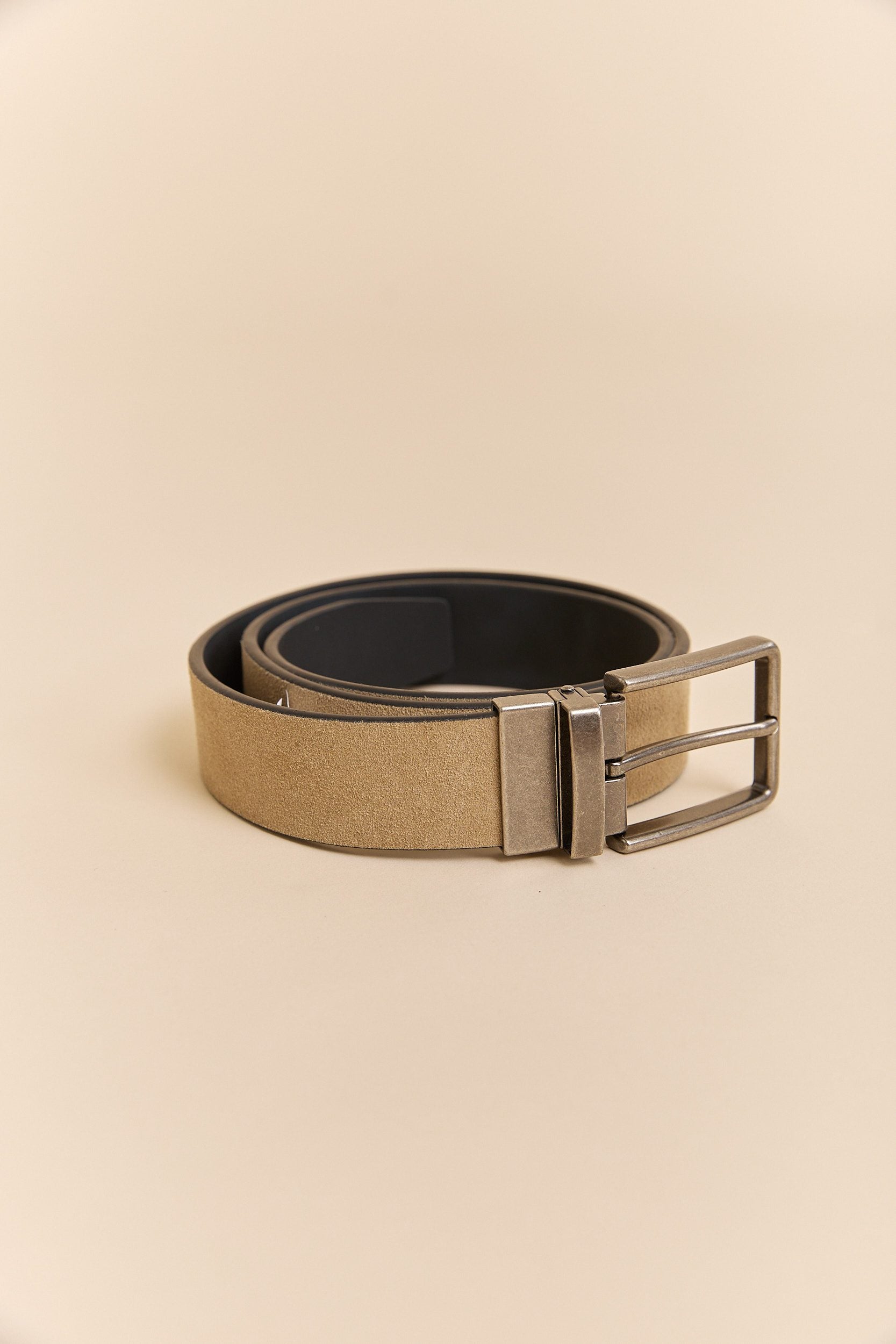 Suede and leather reversible belt